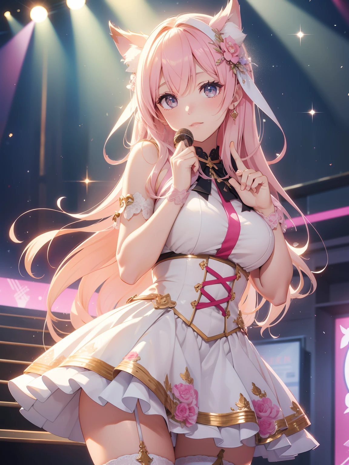 ((highest quality、High resolution、Highly detailed CG Unity 8K wallpaper))、detailed face、perfect body、unparalleled beauty、beautiful breasts、open your legs、shy smile、I'm seducing you、sing、dance、((She lifts up her skirt and shows no panties on the live stage))、Love juice dripping from the vagina