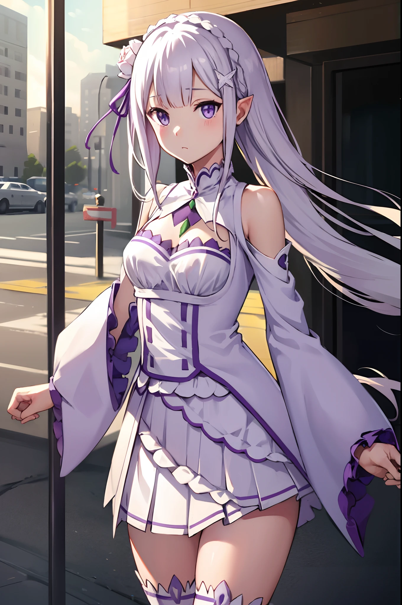 rezeroemilia, emilia, braid, crown braid, flower, hair flower, hair ornament, hair ribbon, long hair, pointy ears, (purple eyes:1.2), white hair, x hair ornament,
BREAK detached collar, detached sleeves, frilled sleeves, frills, long sleeves, miniskirt, pleated skirt, ribbon, skirt, thighhighs, white skirt, white sleeves, white thighhighs, wide sleeves, zettai ryouiki,
BREAK outdoors, city,
BREAK looking at viewer, BREAK (masterpiece:1.2), best quality, high resolution, unity 8k wallpaper, (illustration:0.8), (beautiful detailed eyes:1.6), extremely detailed face, perfect lighting, extremely detailed CG, (perfect hands, perfect anatomy),