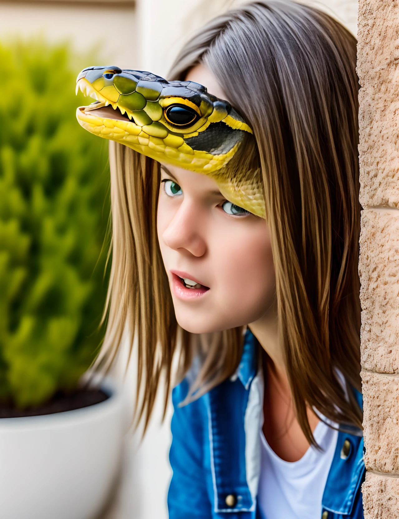 Photorealistic teenage person frightened face seeing a giant snake in patio