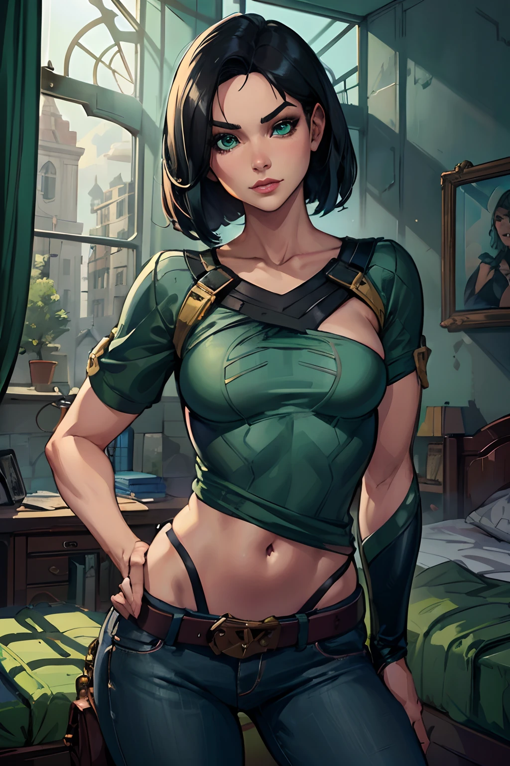 a woman in a green shirt and black pants standing in a room, beautiful eyes, green eyes, extremely detailed artgerm, style artgerm, artgerm style, in style of artgerm, artgerm and atey ghailan, style ivan talavera and artgerm, artgerm and lois van baarle, style of artgerm, artgerm lau