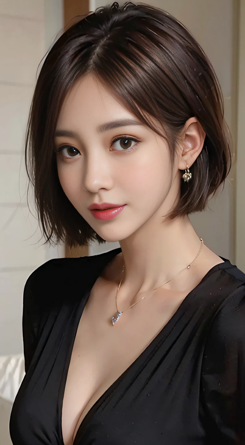(((Brown short-cut hair))), (Louvre Museum), Pose Seductive, (A hyper-realistic), (Illustration), (Increased resolution), (8KUHD), (Extremely detailed), (Best Illustration), (Beautiful and detailed eyes), (Best Quality), (ultra-detailliert), (masutepiece ), ( Wallpaper), (Detailed face), Solo, 1人の女性, Fine details, Detailed face, Deep Shadows, lowkey, pureerosfaceace_v1, Smiling, 46 point slanted bangs、Black blouse、cleavage of the breast、Big necklace、large earring、