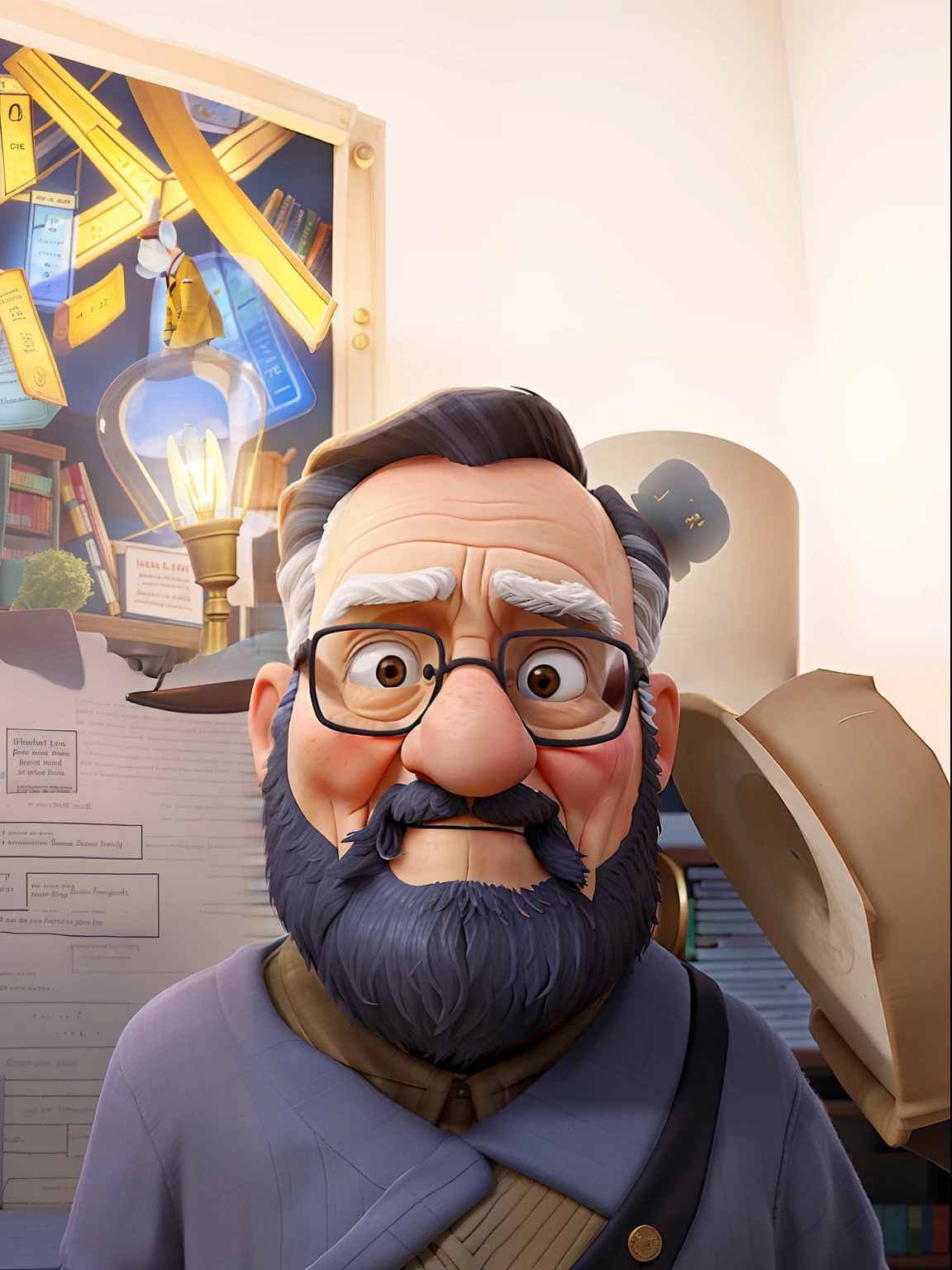 A wise old man standing in front, illuminated by the light of a lamp, against the backdrop of a library