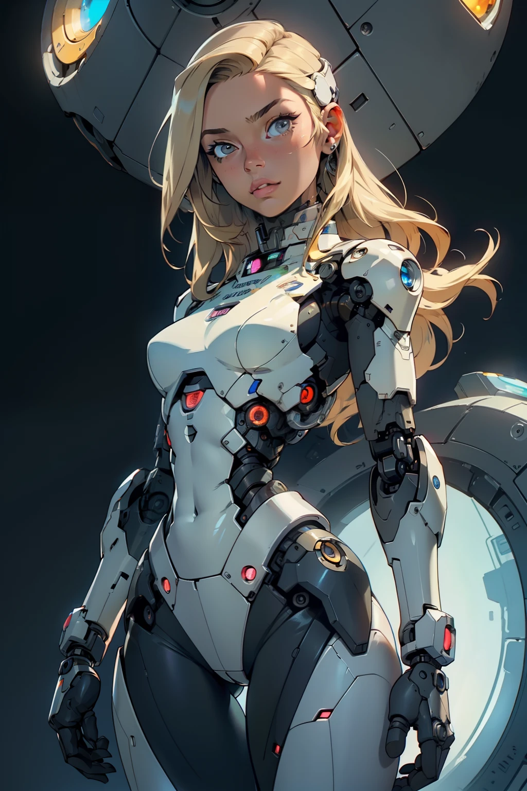 high quality, 4k, masterpiece, beautiful, cyborg girl, cowboy shot, dull eyes, looking at viewer, long blonde hair, girl, small breasts, thick thigh, robotic arms, robotic body, cyborg body, intricate detail, joint, detailed lines, robotic detail, holding fist up, holding hand up as fist, color robotic parts, robotic parts with color, perfect fingers, background is a port hole of a spaceship