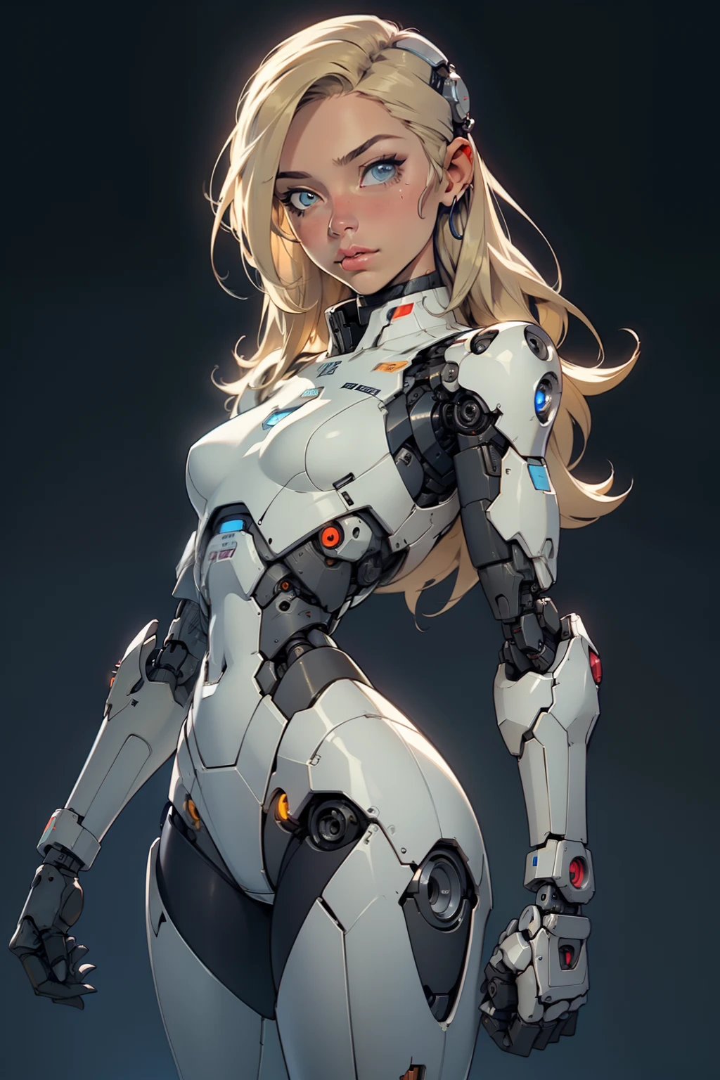 high quality, 4k, masterpiece, beautiful, cyborg girl, cowboy shot, dull eyes, looking at viewer, long blonde hair, girl, small breasts, thick thigh, robotic arms, robotic body, cyborg body, intricate detail, joint, detailed lines, robotic detail, holding fist up, holding hand up as fist, color robotic parts, robotic parts with color, perfect fingers, background is a port hole of a spaceship