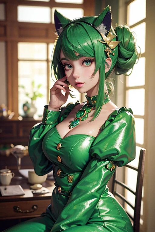 anime style; 3d; glitter; pokemon bulbasaur is human; cute, fancy and luxurious outfit based in Bulbasaur of pokemon