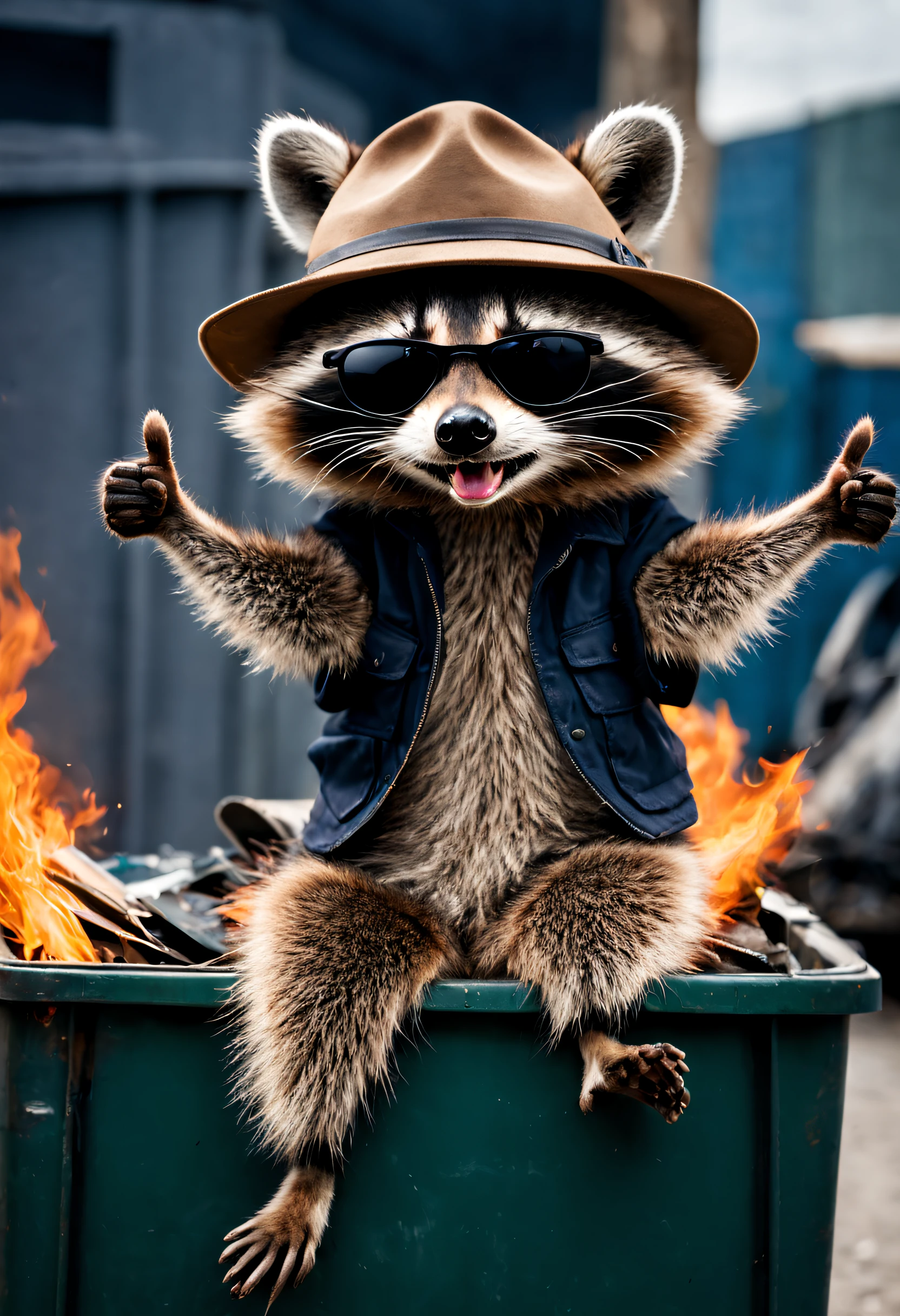 (((hd photo))) of a raccoon wearing dark shades and a hat, giving the thumbs up, siting in a dumpster fire