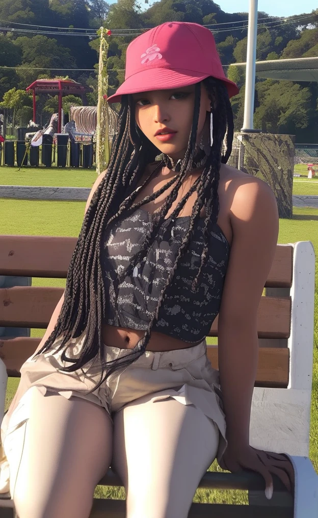 mulher araffe com dreadlocks sentada em um banco e um parque, long black braids, box braids, long braids, long braided black hair, taken in the early 2020s, long black braided hair, mulher jovem negra, foto de uma mulher negra, black hair in braids, Parece fabulosa , adolescente negra, longas fileiras de milho