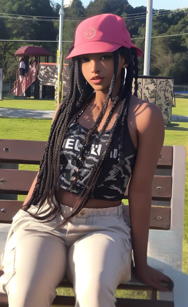 mulher araffe com dreadlocks sentada em um banco e um parque, long black braids, box braids, long braids, long braided black hair, taken in the early 2020s, long black braided hair, mulher jovem negra, foto de uma mulher negra, black hair in braids, Parece fabulosa , adolescente negra, longas fileiras de milho