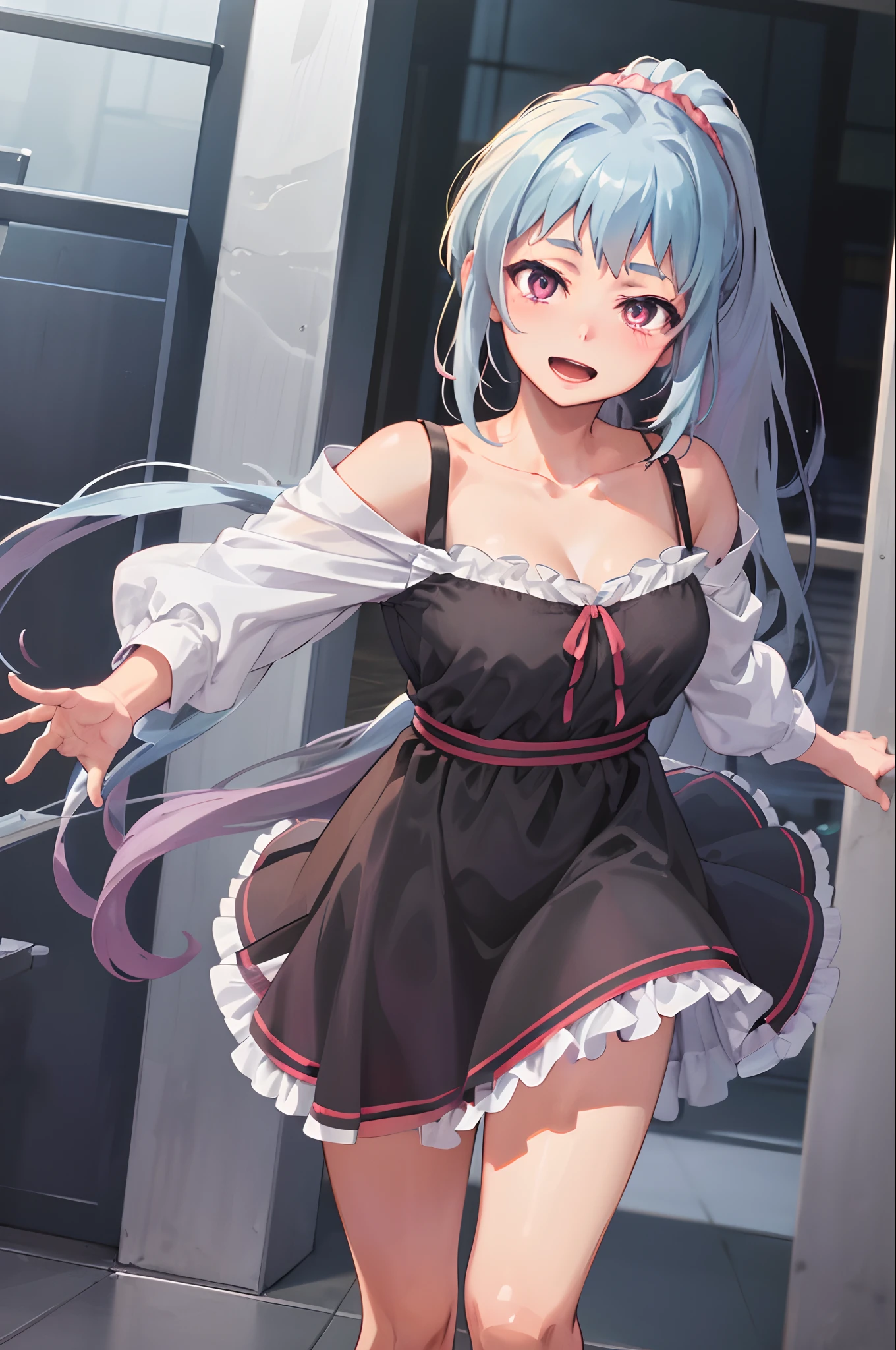 ((masterpiece)), (best quality), official art, extremely detailed CG, unity 8k wallpaper, ultra detailed, highly detailed, detailed background, vivid color, 
1girl, saki kawasaki, ponytail, scrunchie, smile, happy, open mouth, 
Ruffled off-the-shoulder dress with a high-low hem, ((authority, yandere))