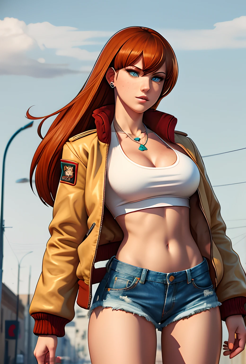 a woman with a brown bomber bomber jacket, white cropped top and short denim shorts, realism, ears not visible, straight hair, big breasts, sensual body, red hair, freckles, colorful, flowing bangs in front of the eyes, sensual girl, thin girl, finished and rendered art, traditional Slavic necklace, human woman, Greek woman, inspired by Aphrodite, delicate hand, human race, straight hair, a dark mole over the mouth, freckles on the face, brown bomber jacket, Sheepskin Leather Bomber Jacket, woman fighter, inspired by terry bogard garou, inspired by axel from streets of rage 4, non-visible eyes, shermie style bangs the king of fighters, eyes hidden by long hair, high collar, white cotton collar, terry bogard garou jacket, green eyes , pale body, freckles all over the body contrasting with the skin