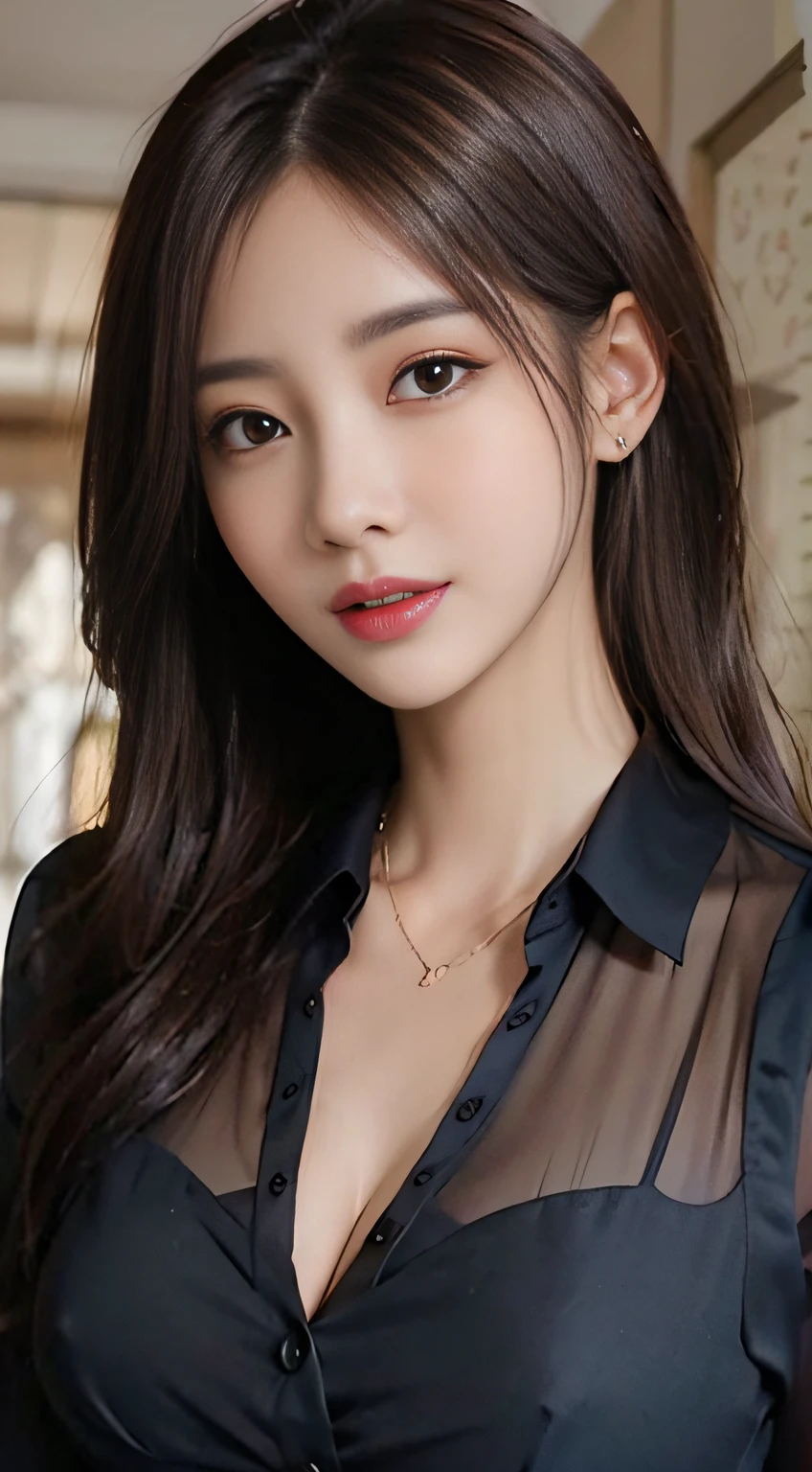 ((Brown Bob Hair))), (Louvre Museum), Pose Seductive, (A hyper-realistic), (Illustration), (Increased resolution), (8KUHD), (Extremely detailed), (Best Illustration), (Beautiful and detailed eyes), (Best Quality), (ultra-detailliert), (masutepiece ), ( Wallpaper), (Detailed face), Solo, 1人の女性, Fine details, Detailed face, Deep Shadows, lowkey, pureerosfaceace_v1, Smiling, 46 point slanted bangs、Collared dark blue see-through blouse、cleavage of the breast、Big necklace、large earring、Laughing、