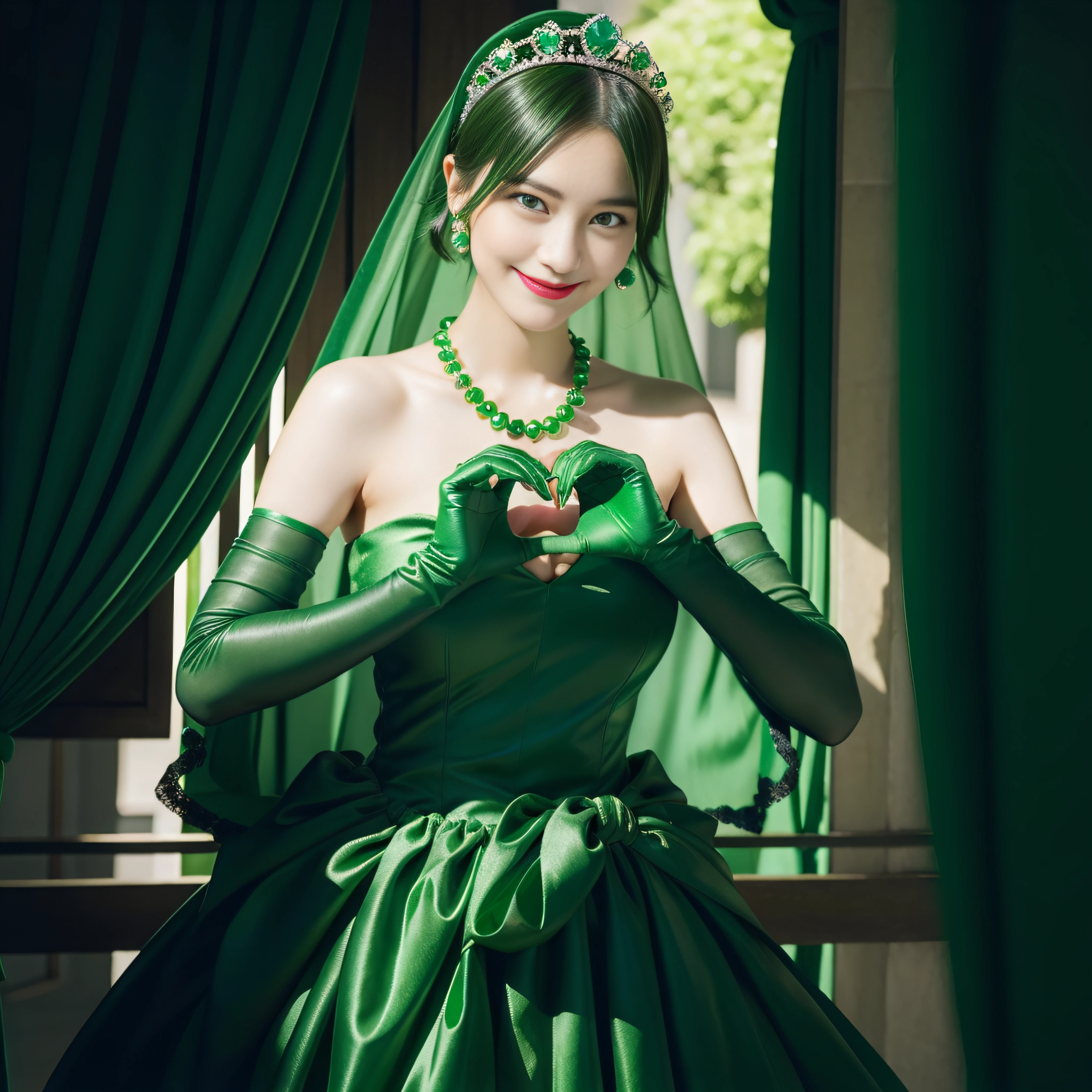 Emerald Tiara, Green Pearl Necklace, boyish very short Green Hair, Green Lips, Smiling Japanese woman, Very short hair, Beautiful woman with big breasts, Green Eyes, Green satin gloves, Green Eyes, Emerald Earrings, Green Vale, Heart with both hands, Green Hair, Beautiful Japanese Women, Heart shaped hands:1.3, green lip gloss