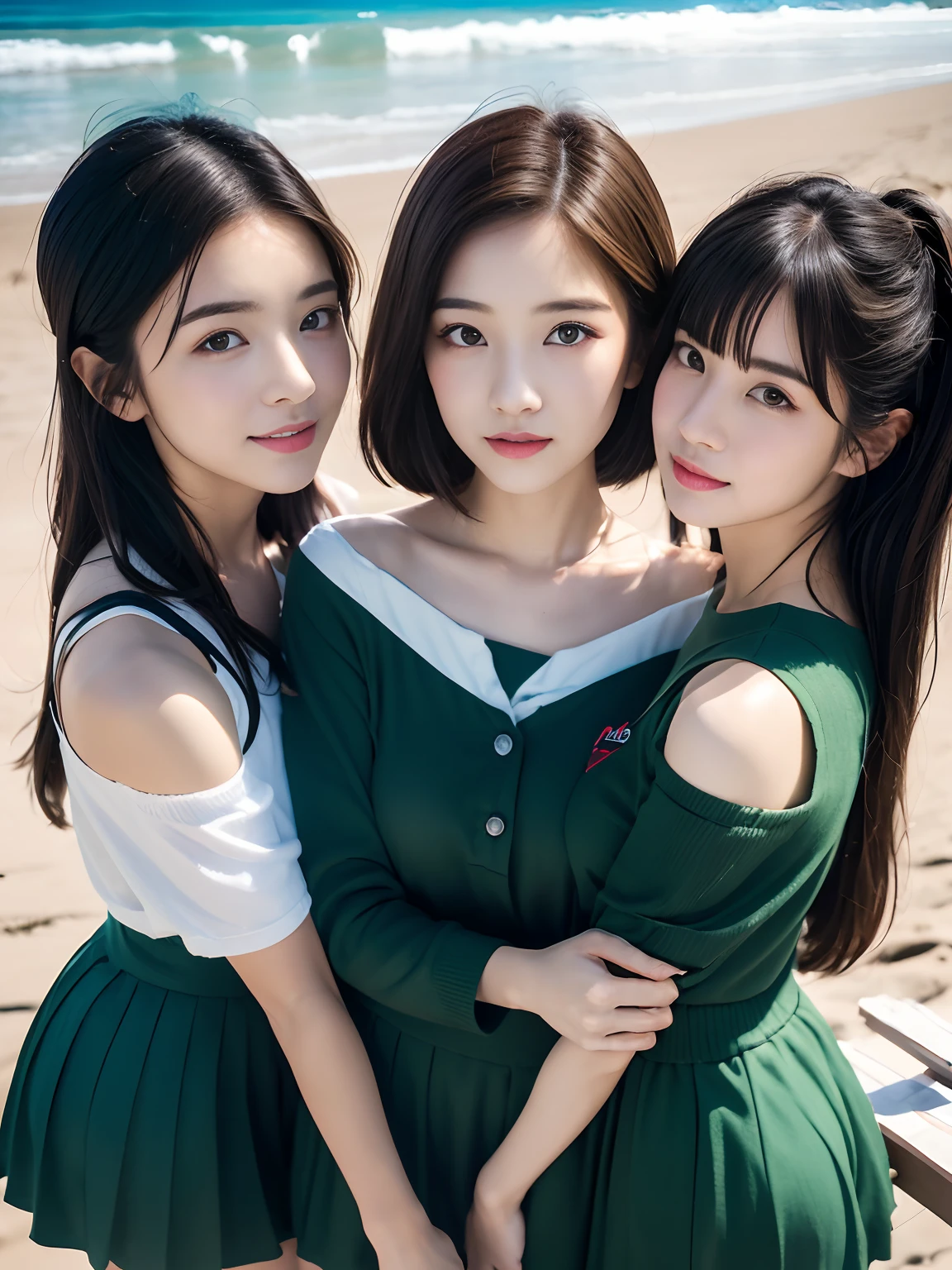 (8K、RAW photography、top-quality、tmasterpiece:1.2)、ultra - detailed、Hyper-Resolution、(hyper realisitc:1.4)、(Use the kiss you throw as a camera)from the above、camera shot from above、Shoot the camera angle from above、I look at this with upward eyes、Arms outstretched、Arms spread wide、Use high-quality images taken from above with your camera、(5 girls on the beach 1:1.3)、、Offshore girls(dreamlike lighting)Head to waist、、white skinned、Fair-skinned female proofreading、super high image quality、、Beautiful female proofreading reflecting in light、astonishing detail、Beautiful girls in very detailed、(Faces with different patterns1:1.2)、(Different facial mood 1:1.3)、Each hairstyle has its own characteristics、colours々Hairstyles、colours々The hair color shines with a clean sheen、I love fishing on the boat、Brown hair shining in the light、One has a ponytail、、Modern cute girl、very detailed faces very detailed eyes、Very realistic skin、 Extremely detailed fingers, Highly detailed nose, highly detail mouth, perfect anatomia, (Off-the-shoulder ta costume 1:1.2)、、Their hair details sparkle、Hot teeth and smiles、Realistic body, white skinned, glistning skin, Slim body, Long straight hair, (Blunt bangs:1.2), , nixeu and sakimichan, twice, seifuku, sakimichan, promotional still, lalisa manobal, alena aenami and lilia alvarado