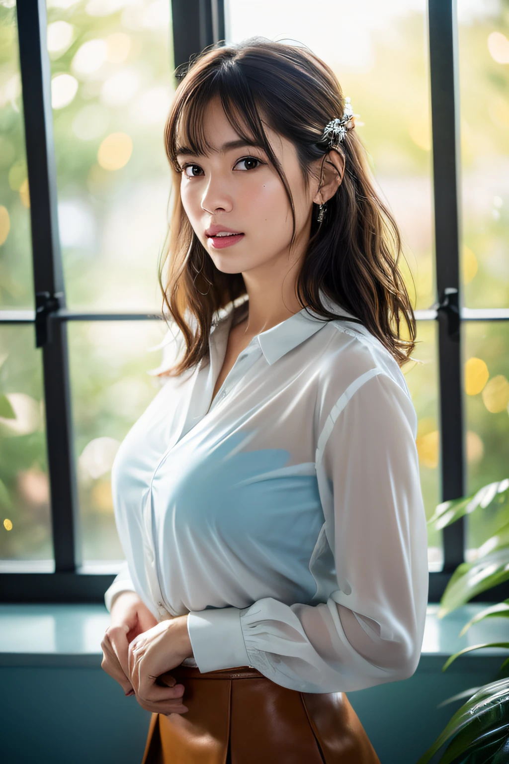 top-quality, A high resolution, (Photorealsitic:1.4), Raw photography, (upper waist:1.4), (bokeh feeling:1.7), (Window light only:1.6), (nightcity:1.5), (light:1.5)1 Japan Girl, (solo), (A smile:1.2, Opening Mouth:0.7), (dark brown eyes), Natural Skin, (brown updo hair, Bangs), is standing(Blue blouse and leather skirt), (Colossal tits), Curly hair, Floating hair, Natural Skin Texture, Hyper-Realism, nffsw, Hyper-detailing, Raw photography, Photorealsitic, Beautiful eyes, Pretty lips, Wet lips, top-quality, hight resolution, realisitic, in 8K, Caustics, Dinamic Light, Beautiful and delicate lips, Delicate fingers, Detailed pupils, Real Human Skin,