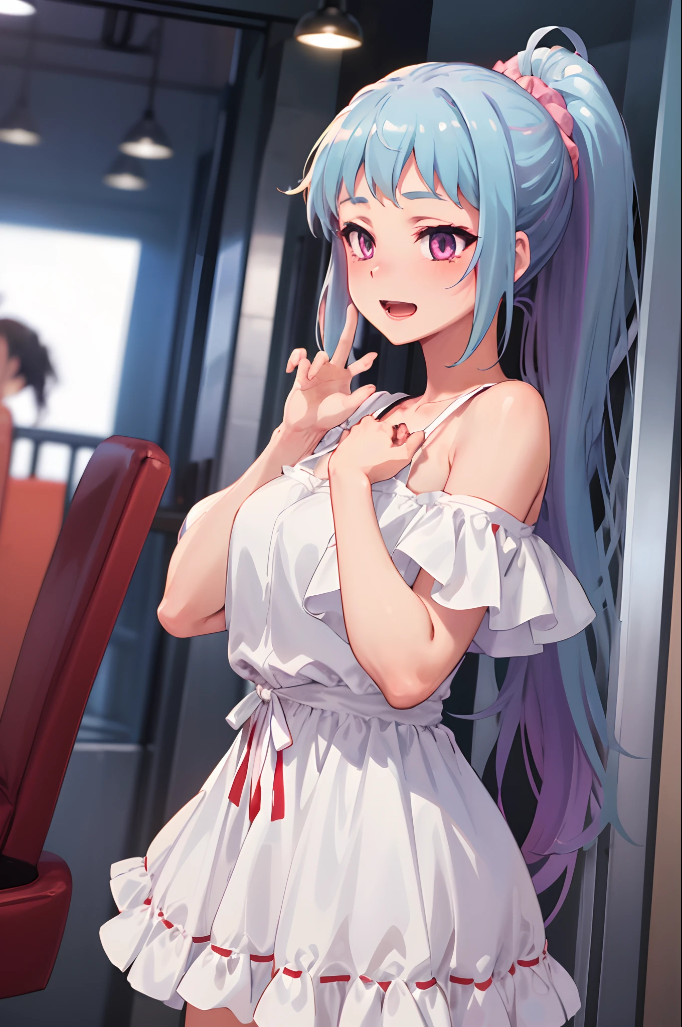 ((masterpiece)), (best quality), official art, extremely detailed CG, unity 8k wallpaper, ultra detailed, highly detailed, detailed background, vivid color, 
1girl, saki kawasaki, ponytail, scrunchie, smile, happy, open mouth, 
Ruffled off-the-shoulder dress with a high-low hem, ((authority, yandere))