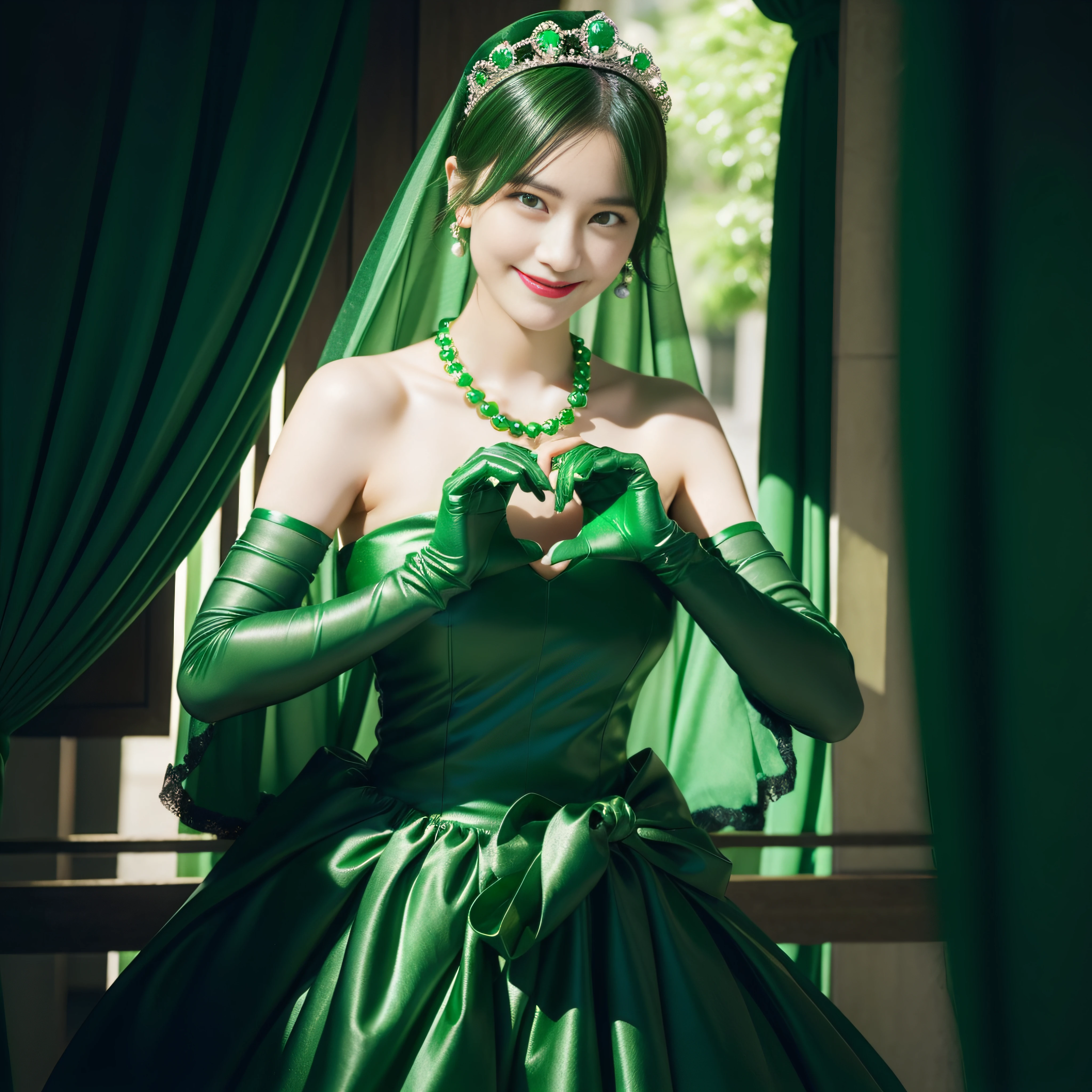 emerald tiara, Green Pearl Necklace, Boyish very short green hair, lipsticks, Japan woman smiling, very short short hair, big breasts beautiful, Green eyes, Long green gloves made of satin material, Green eyes, Emerald Earrings, green vale, Heart with both hands