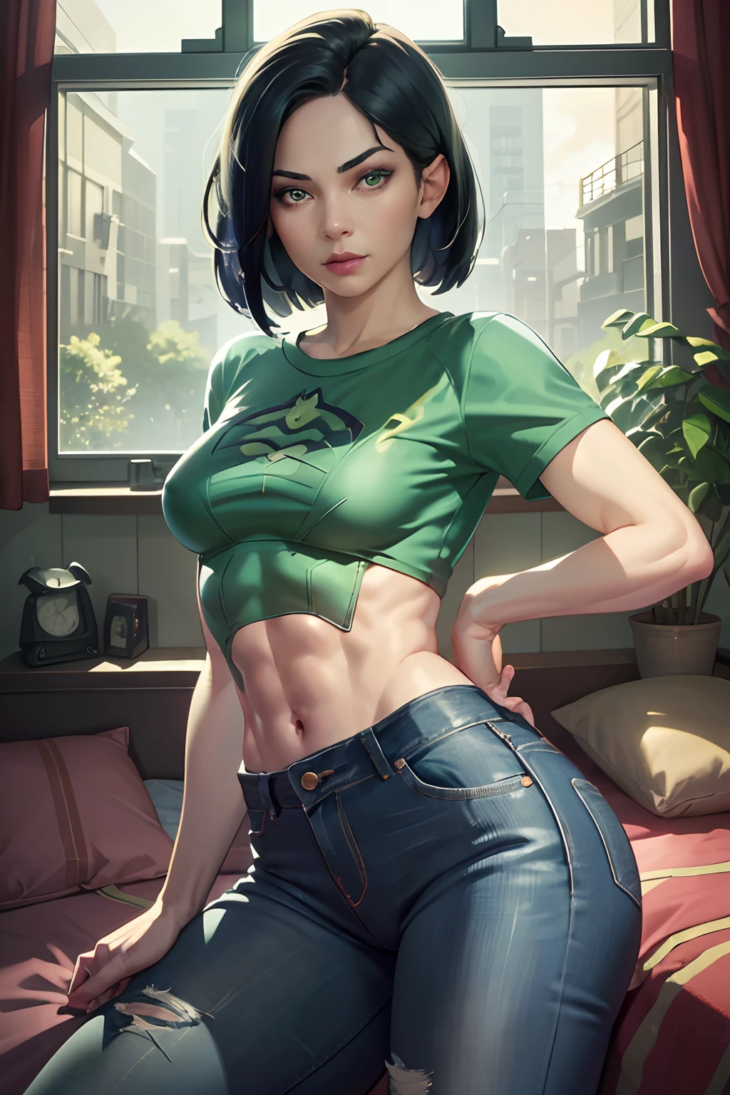 (best quality, masterpiece:1.2), 1 girl, detailed hair, detailed eyes, detailed lips, valorantViper, green eyes, glowing eyes, small mouth, small breasts, [abs:0.4], t-shirt, showing abs, jeans, bedroom, looking at viewer, glare, smirking, left hand to hips, no weapon, realistic colors, studio lighting, no mask