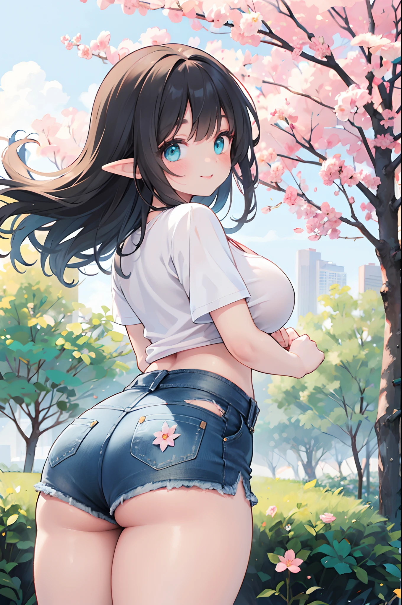 Realistic and detailed image of an elf. Dressed in a Cardigan coat and baggy t-shirt. Denim mini shorts. Long, silky black hair and long eyelashes. Turquoise eyes. Large breasts, slim waist, very wide hips and thick thighs. Smiling. Arched back. Posing sensually. Park with sakura trees. Volumetric light. Ambient light.