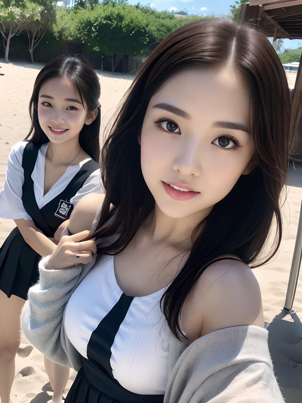 (8K、RAW photography、top-quality、tmasterpiece:1.2)、ultra - detailed、Hyper-Resolution、(hyper realisitc:1.4)、(Use the kiss you throw as a camera)from the above、camera shot from above、Shoot the camera angle from above、I look at this with upward eyes、Arms outstretched、Arms spread wide、Use high-quality images taken from above with your camera、(5 girls on the beach 1:1.3)、、Offshore girls(dreamlike lighting)Head to waist、、white skinned、Fair-skinned female proofreading、super high image quality、、Beautiful female proofreading reflecting in light、astonishing detail、Beautiful girls in very detailed、(Faces with different patterns1:1.2)、(Different facial mood 1:1.3)、Each hairstyle has its own characteristics、colours々Hairstyles、colours々The hair color shines with a clean sheen、I love fishing on the boat、Brown hair shining in the light、One has a ponytail、、Modern cute girl、very detailed faces very detailed eyes、Very realistic skin、 Extremely detailed fingers, Highly detailed nose, highly detail mouth, perfect anatomia, (Off-the-shoulder ta costume 1:1.2)、、Their hair details sparkle、Hot teeth and smiles、Realistic body, white skinned, glistning skin, Slim body, Long straight hair, (Blunt bangs:1.2), , nixeu and sakimichan, twice, seifuku, sakimichan, promotional still, lalisa manobal, alena aenami and lilia alvarado
