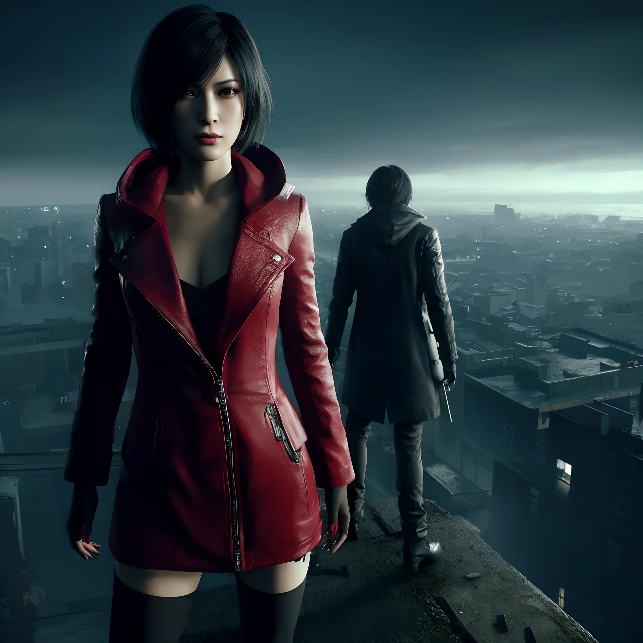 HD, ada wong, beautiful face, bob hair, red coat with black nail polish,  glare, holding a gun