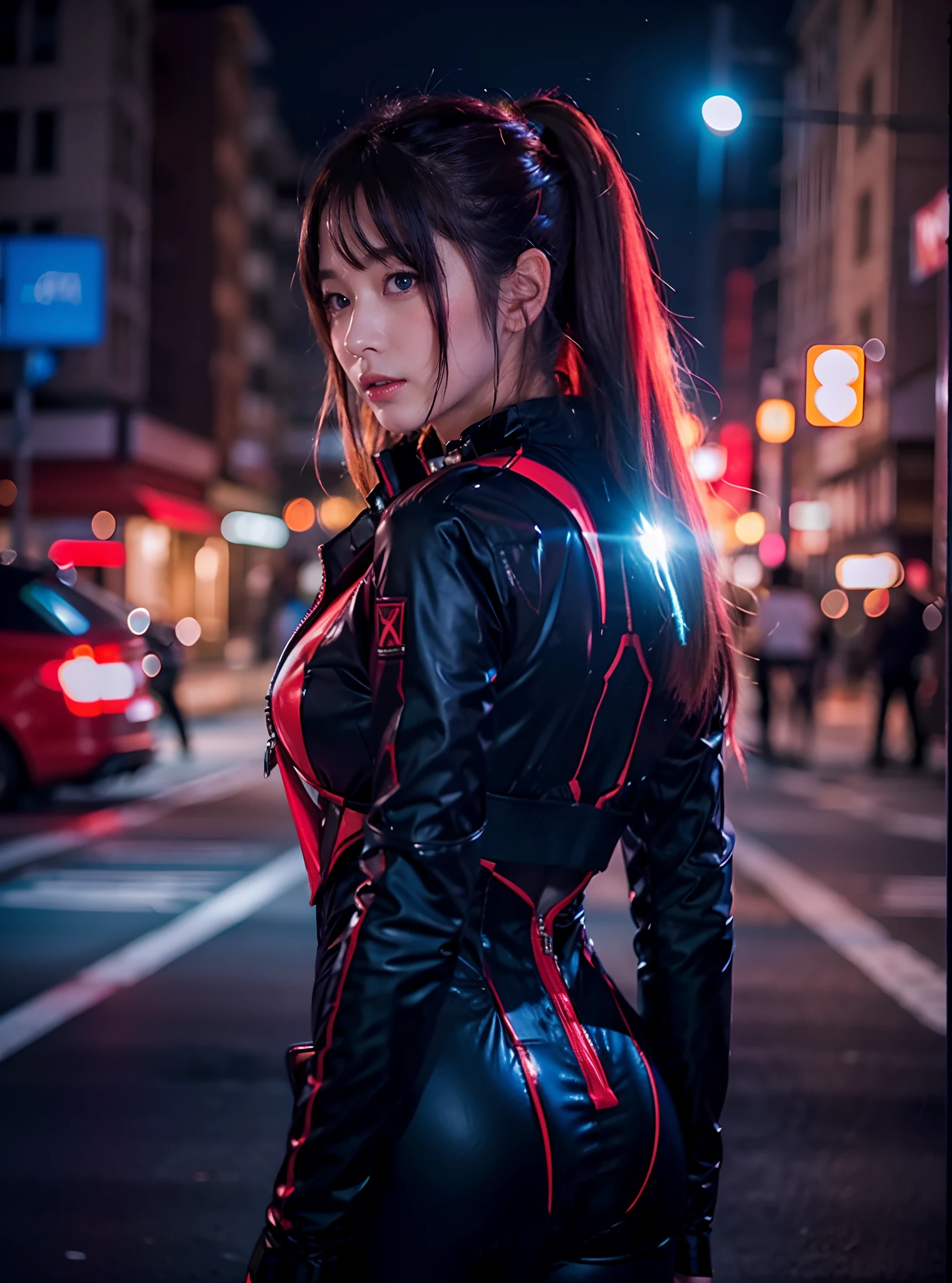 (SFW), Intricate details, One girl, night, (Bright neon colors), ((Flying over a futuristic cyberpunk city)), Detailed Background, (Petiteなサイボーグ少女, ((Cute perfect face, Bright red eyes)), (Perfect Anatomy, Petite), Hair blowing in the wind, Detailed slip, Cybernetic limbs, Dynamic Angle,