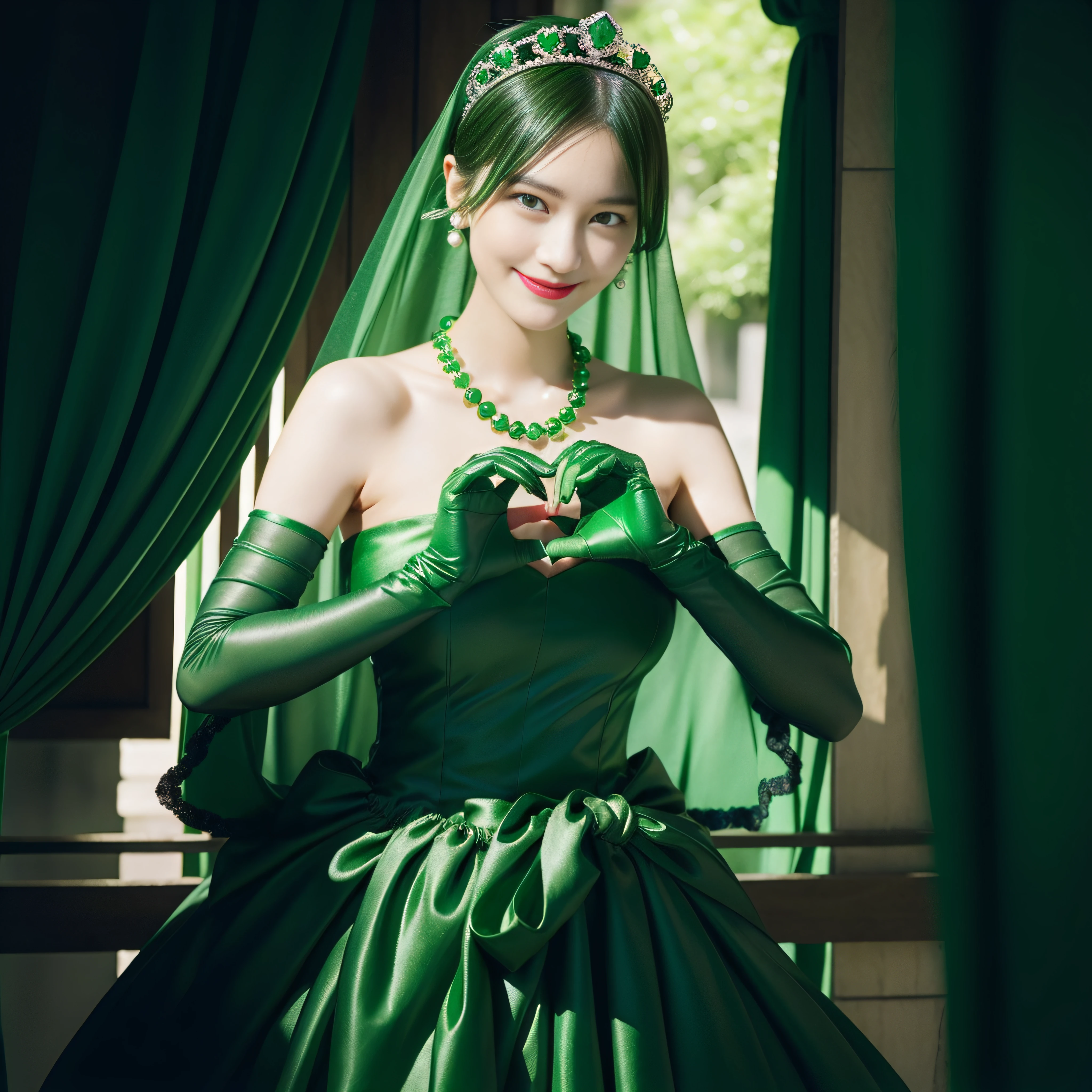 emerald tiara, Green Pearl Necklace, Boyish very short green hair, lipsticks, Japan woman smiling, very short short hair, big breasts beautiful, Green eyes, Long green gloves made of satin material, Green eyes, Emerald Earrings, green vale, Heart with both hands