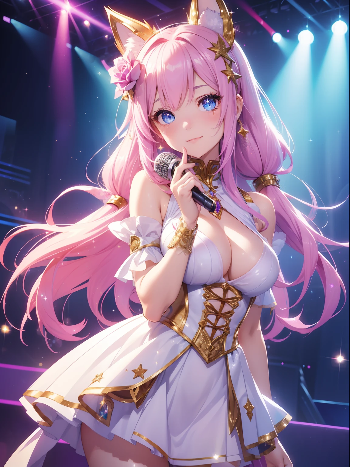 masutepiece, High resolution, 8K, anime woman, Delicate and detailed writing 、Wolf ears、Detailed digital illustration、Braided hair、Shiny hair、Side bangs、a very beautiful woman、Eyes are double, Large, Bust B Cup、High image quality, High quality、Detailed background、(((Wearing idol clothes)))、((Glittering live stage backdrop))、The inside of the eye shines like a diamond (Blue eyes)、Pink hair、Gradient pupil、(((2 arms、4 fingers, 1 thumb)))、Detailed female face、Very beautiful and cute woman、、细致背景、​masterpiece、Soft Focus , Happy smiling face, Bright gradient watercolor , Lens Flare , (((Glitter))) , Glow , Dreamy , (((Holding a glitter microphone in your hand)))、a miniskirt、Idol、Pink ribbon、Very beautiful purple rose hair accessories. Pink and gold costume with white as the main color、((Straight at the angle of the front))、Glitter Cat Ear Headband、(((Take an idle pose)))、Panchira、