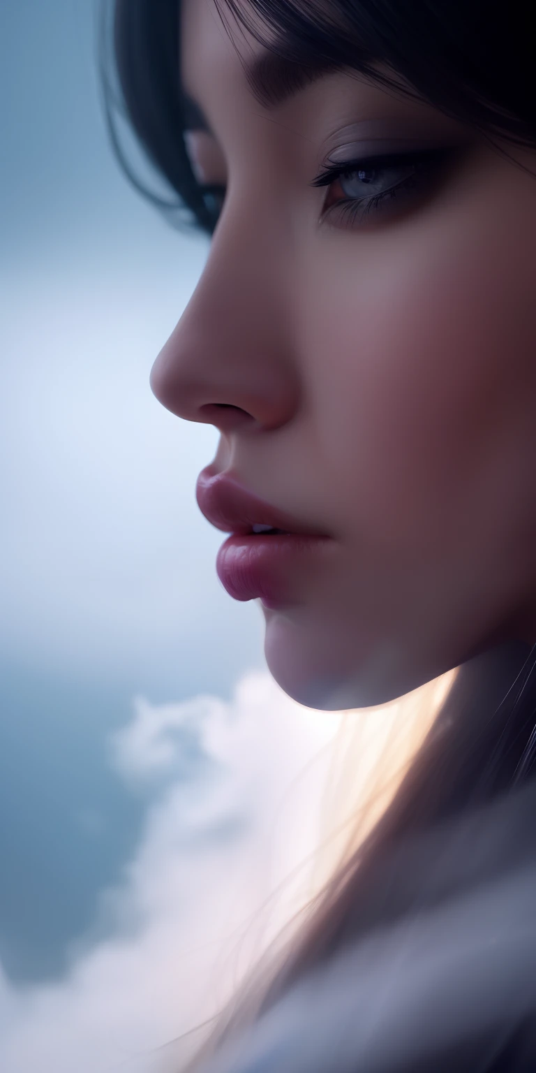 Mulher chinesa, Rosto em close-up, figura feminina elevada feita de fitas, smoke billowing, in sky, colorido e brilhante, mystical colors, impressionismo moderno, retrato Yanjun Cheng, pintura iridescente, 3/4 Vista em perspectiva, cara bonito, low-up angle, composition in broad swirl, grandes olhos de cristal bonitos, large iris, UHD, HDR, 8k, (master part: 1. 5), (O retrato mais bonito do mundo: 1.5)