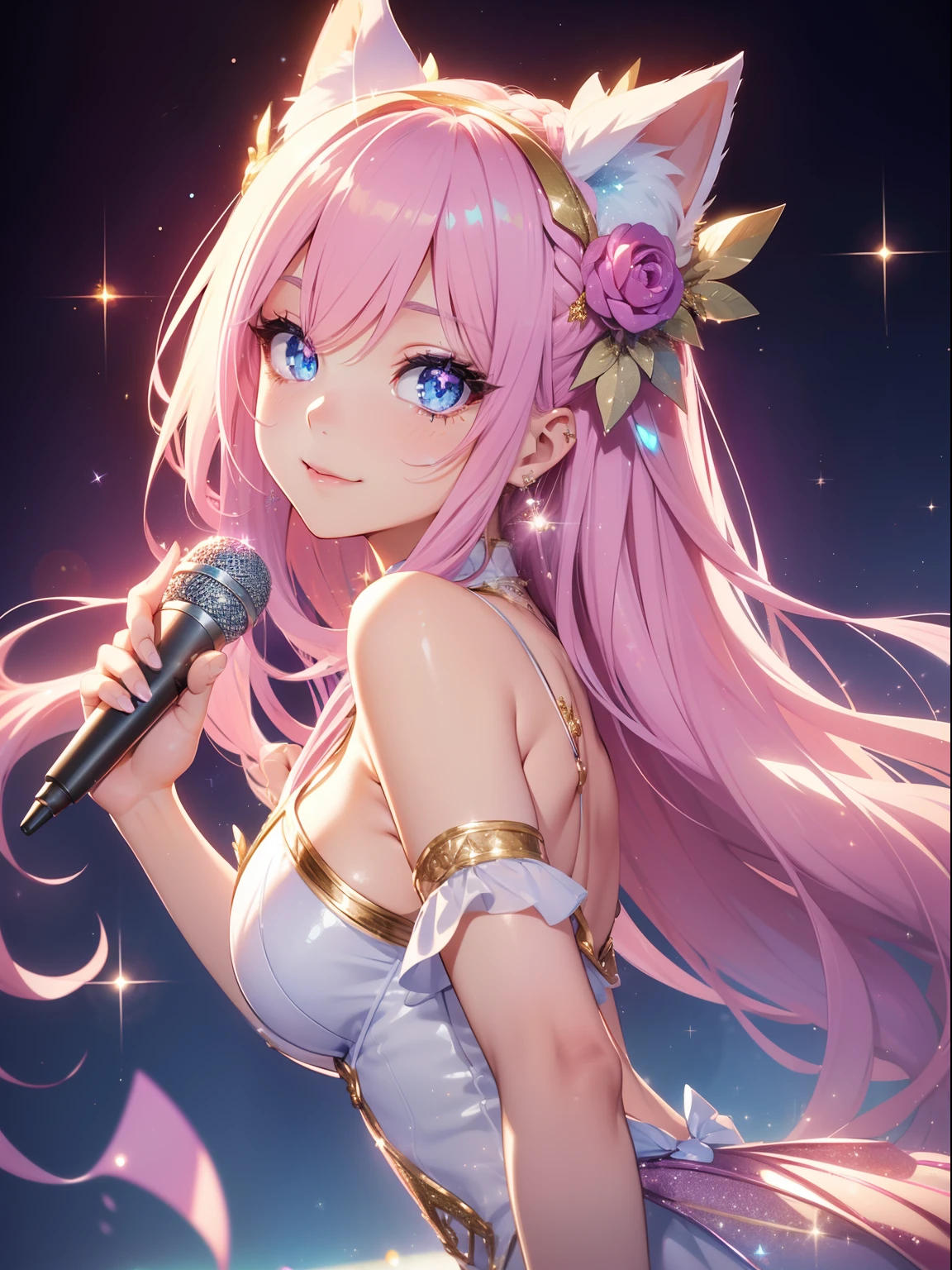 masutepiece, High resolution, 8K, ((anime woman)), Delicate and detailed writing 、Wolf ears、Detailed digital illustration、Braided hair、Shiny hair、Side bangs、a very beautiful woman、Eyes are double, Large, Bust B Cup、High image quality, High quality、Detailed background、(((Wearing idol clothes)))、((Glittering live stage backdrop))、The inside of the eye shines like a diamond (Blue eyes)、Variety of hair colors、Gradient pupil、(((2 arms、4 fingers, 1 thumb)))、Detailed female face、Very beautiful and cute woman、、细致背景、masterpiece、Soft Focus , Happy smiling face, ((The best bright smile))、Bright gradient watercolor , Lens Flare , (((Glitter))) , Glow , Dreamy , (((Holding a glitter microphone in your hand)))、a miniskirt、Idol、Pink ribbon、Very beautiful purple rose hair accessories. Pink and gold costume with white as the main color、((Straight at the angle of the front))、Glitter Cat Ear Headband、(((Take an idle pose)))、Panchira、