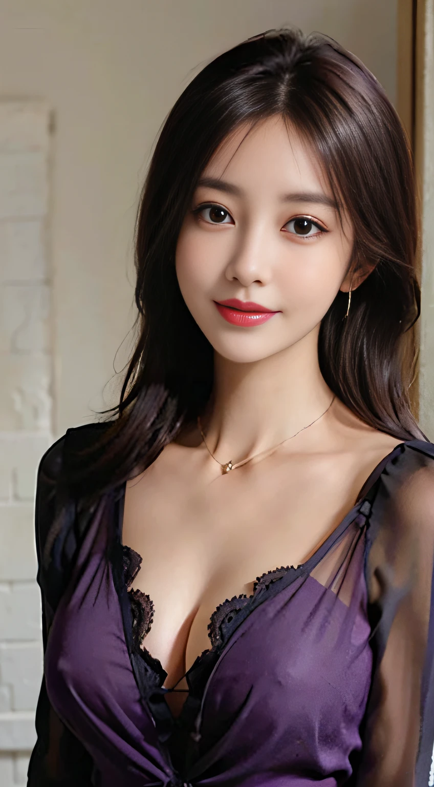 ((Brown Bob Hair))), (Louvre Museum), Pose Seductive, (A hyper-realistic), (Illustration), (Increased resolution), (8KUHD), (Extremely detailed), (Best Illustration), (Beautiful and detailed eyes), (Best Quality), (ultra-detailliert), (masutepiece ), ( Wallpaper), (Detailed face), Solo, 1人の女性, Fine details, Detailed face, Deep Shadows, lowkey, pureerosfaceace_v1, Smiling, 46 point slanted bangs、Dark purple see-through blouse with collar、cleavage of the breast、Big necklace、large earring、Laughing、
