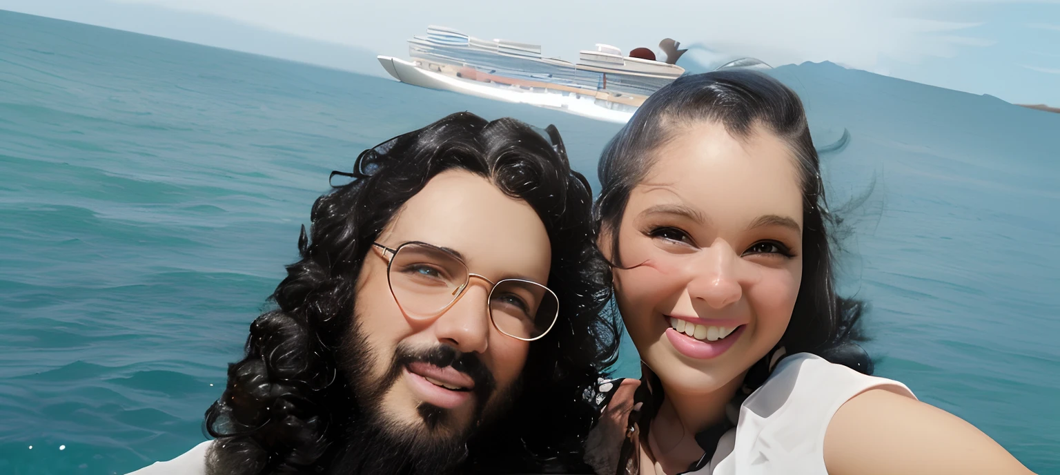 Modelo Disney pixar cartoons, mulher morena de 25 anos, maquiada, cabelo preso sorrindo, homem branco  de 25 anos cabelos cacheados e barbudo, imagem com qualidade mediana