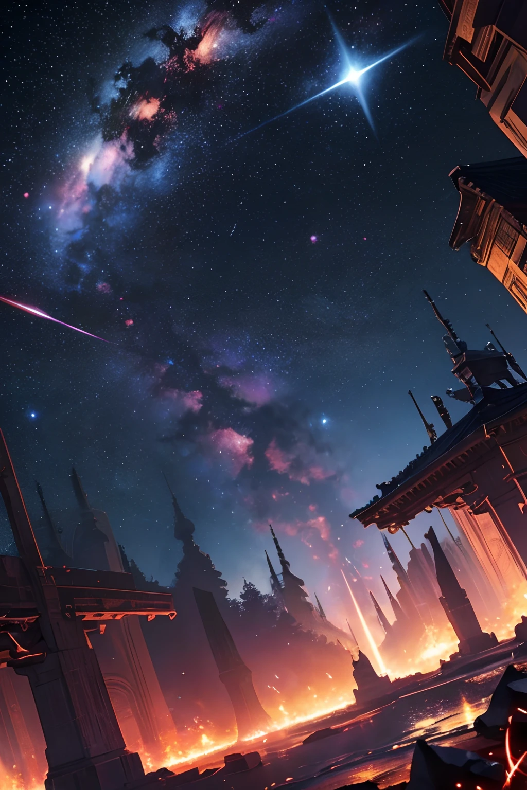​masterpiece、Background with（（Fantastic starry sky、kosmos、Meteor swarm、black hole、Irridescent color））depth（（Planets issued in red））、Seen from below