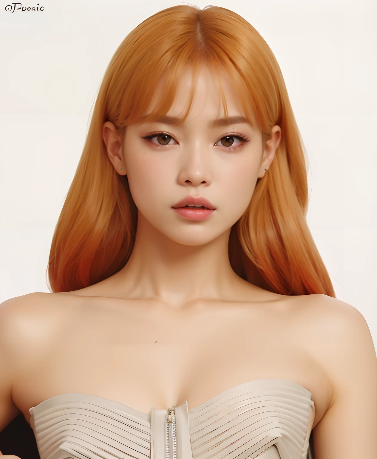 um close up de uma mulher com longos cabelos ruivos usando um vestido tomara que caia, Lalisa Manobal, Lalisa Manoban do Blackpink, Retrato de Jossi de Blackpink, jossi do blackpink, Dom Yunjoo, Parque Roseanne do Blackpink, jennie blackpink, jia, Parque Ji-min, O corte Hime, TaeJune Kim, Jinyoung Canela