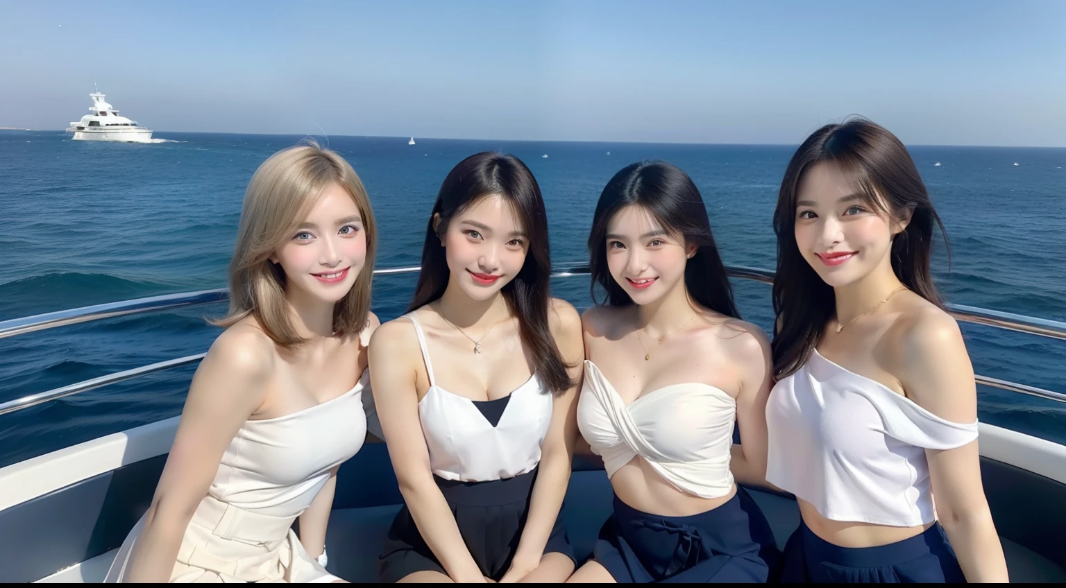 (3 beauty queens representing 3 countries: America, Japan, Italy), bright smile, beautiful mouth, (bare shoulders), big breasts, blue eyes, pleated skirt, blonde hair, black hair, long brown hair, bangs , sitting on the bow of a luxury yacht at sea, clear blue sea (Best quality, Super detailed), (Heavenly starlight), (Wrapped in light), (Beautiful and mysterious),