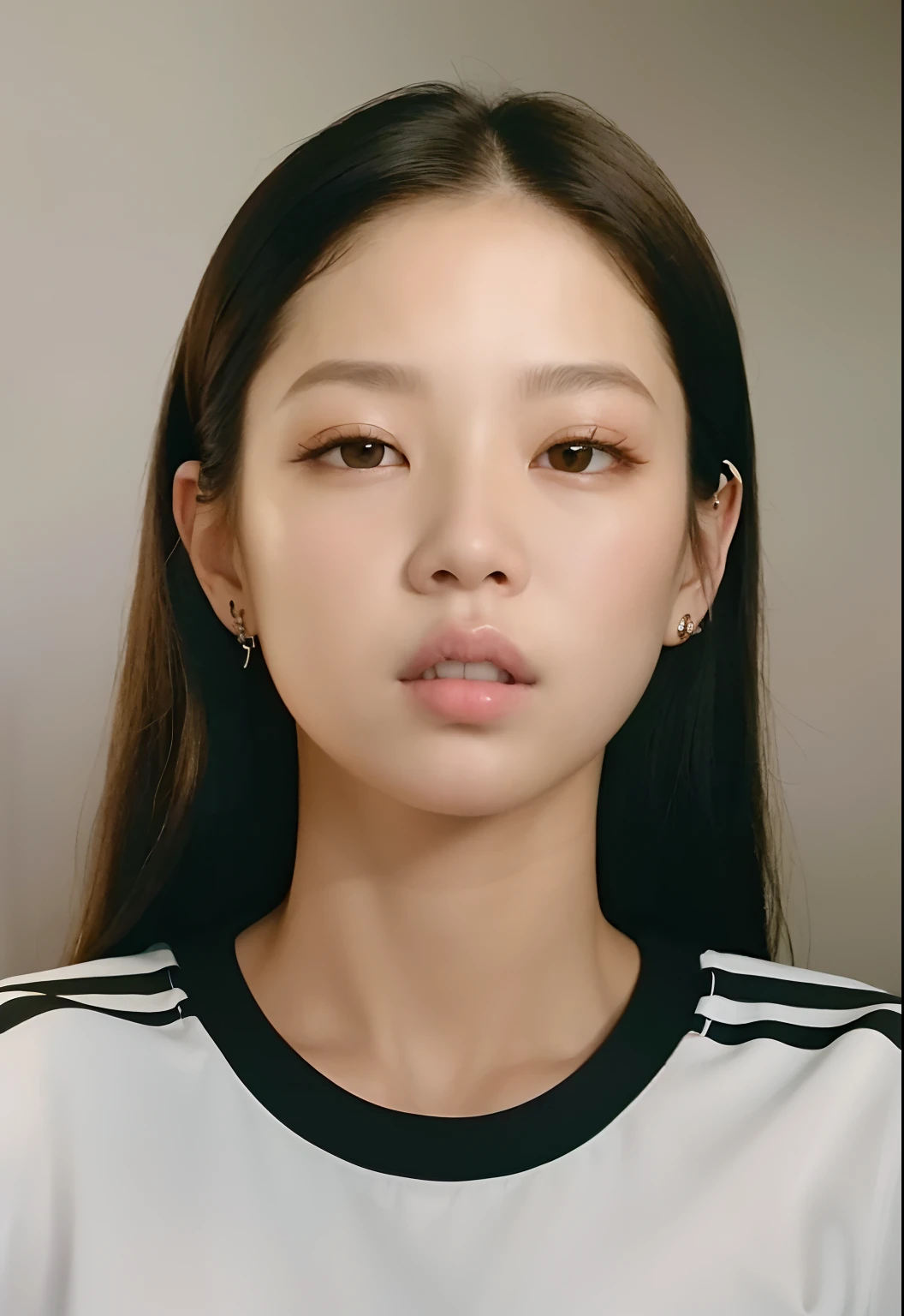 A woman with long hair and a white shirt looks into the camera, jennie blackpink, Retrato de Jossi de Blackpink, Parque Ji-min, Lee Ji-eun, Lee Ji - Eun, korean symmetrical face, young adorable korean face, TaeJune Kim, jossi do blackpink, Shin min jeong, Jaeyeon Nam, Heonhwa Choe