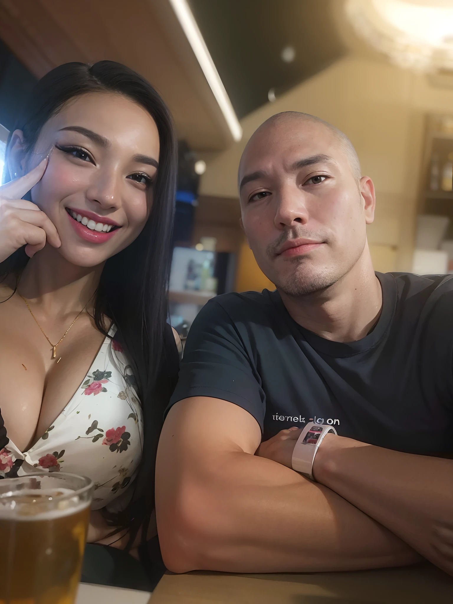 They're sitting at a table with a beer and a cell phone, Tyler Edlin e Natasha Tan, no pub, em um bar, em um bar, vacation photo, sentado no bar, Tiro em Leica SL2, sentado em um bar, selfie shot straight on angle, Tiro em GoPro9, Mulher de 30 anos, 3 0 anos de idade mulher