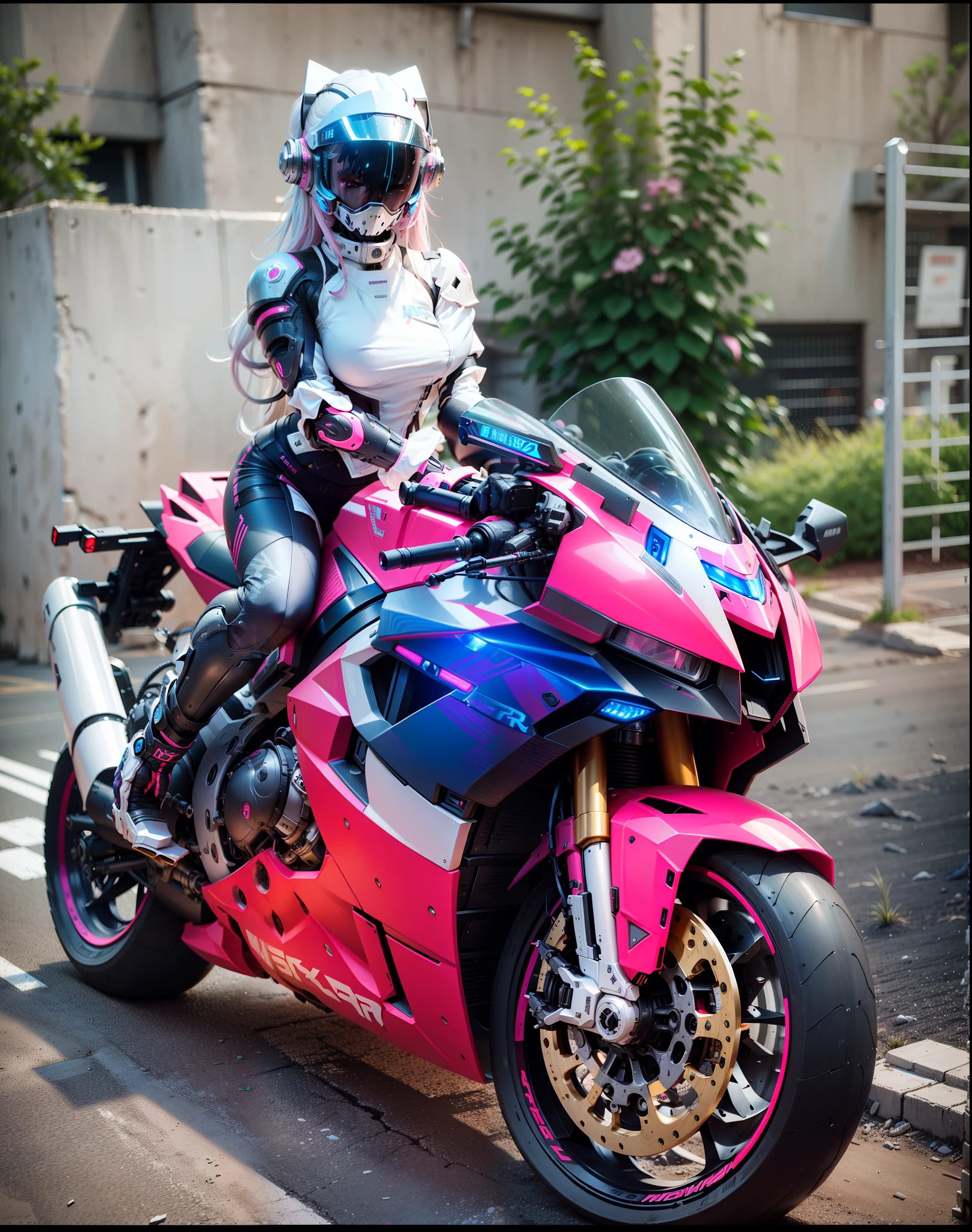 Sexy Cyber Warrior,Long flowing blonde hair,White cyberpunk high-tech mech costume,White cyberpunk faceless helmet,Biomechanicals, MSHN Robot Woman,High-tech helmet,hyper realisitc, Steel, Complex design, insanely details, finely detailled, Extremely clear lines, cinmatic lighting, photograph realistic, A detailed masterpiece