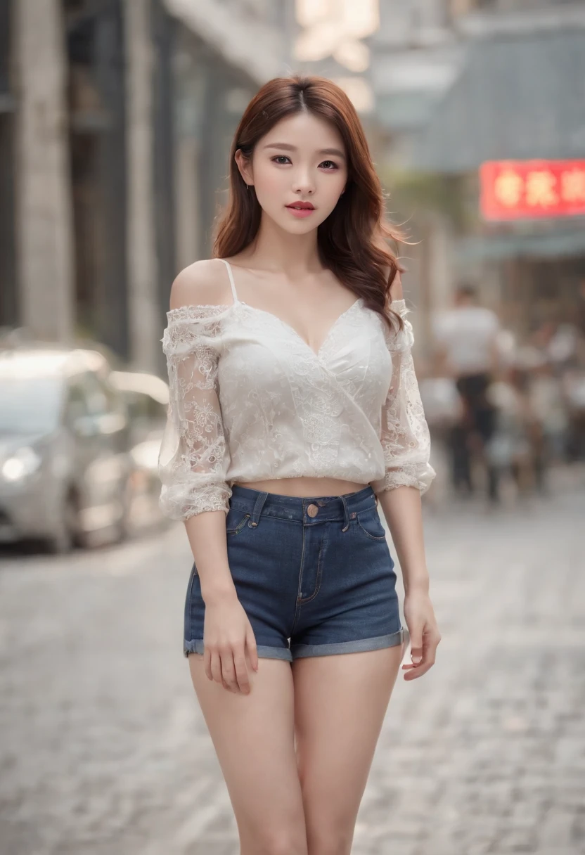 (((Super beautiful Chinese girl))), ((Its beauty is undeniable)), ((Excited cute face)), ((Ultra-detailed perfect eyes,)), ((Cute pose)), ((Output language)), ((Seductive )), Sexy, (( Skinny mesh shirt, Shorts court shoes sexy)), ((Delicate short brown hair,)), (( The skin)), ((Get up, up front view)), ((Touch your legs in a sexy pose)), ((do lado de fora, Public cities)), Sharp focus CGI, photoreallistic, High detail, hentail realism, Masterpiece, absurderes, Best quality, hdr, High quality, k hd, Extremely detailed, 8K wallpaper, Intricate details, 8K UHD, Full-HD, (photo realist:1.2), contrast, strong illumination, Light cinematic, Natural lighting, hard light, Contre-Jour, globalillumination, Environmental occlusion