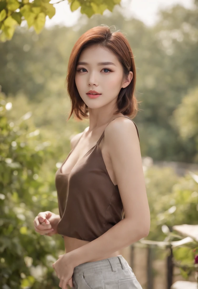 (((Super beautiful Chinese girl))), ((Its beauty is undeniable)), ((Excited cute face)), ((Ultra-detailed perfect eyes,)), ((Cute pose)), ((Output language)), ((Seductive )), Sexy, (( Skinny mesh shirt, Shorts court shoes sexy)), ((Delicate short brown hair,)), (( The skin)), ((Get up, up front view)), ((Touch your legs in a sexy pose)), ((do lado de fora, Public cities)), Sharp focus CGI, photoreallistic, High detail, hentail realism, Masterpiece, absurderes, Best quality, hdr, High quality, k hd, Extremely detailed, 8K wallpaper, Intricate details, 8K  UHD, Full-HD, (photo realist:1.2), contrast, strong illumination, Light cinematic, Natural lighting, hard light, Contre-Jour, globalillumination, Environmental occlusion