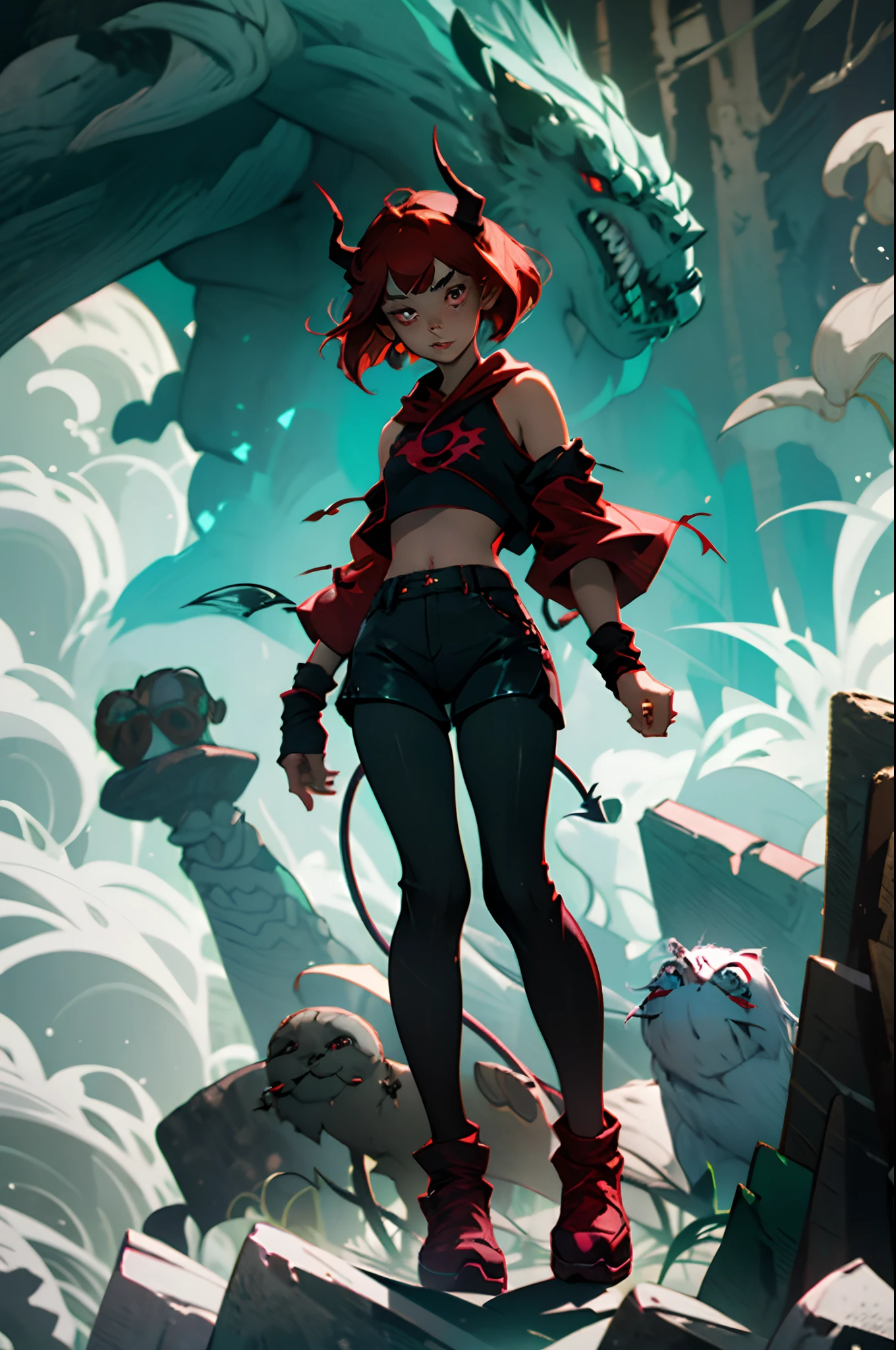 cute demon boy, red hair, bob cut, black demon horns, shoulder length hair, grunge, emo, narrow shoulders, fullbody ref, shorts with black leggings underneath, red eyes, scar on left eye, demon tail, crop top hoodie, long socks, cute small face, arm warmers