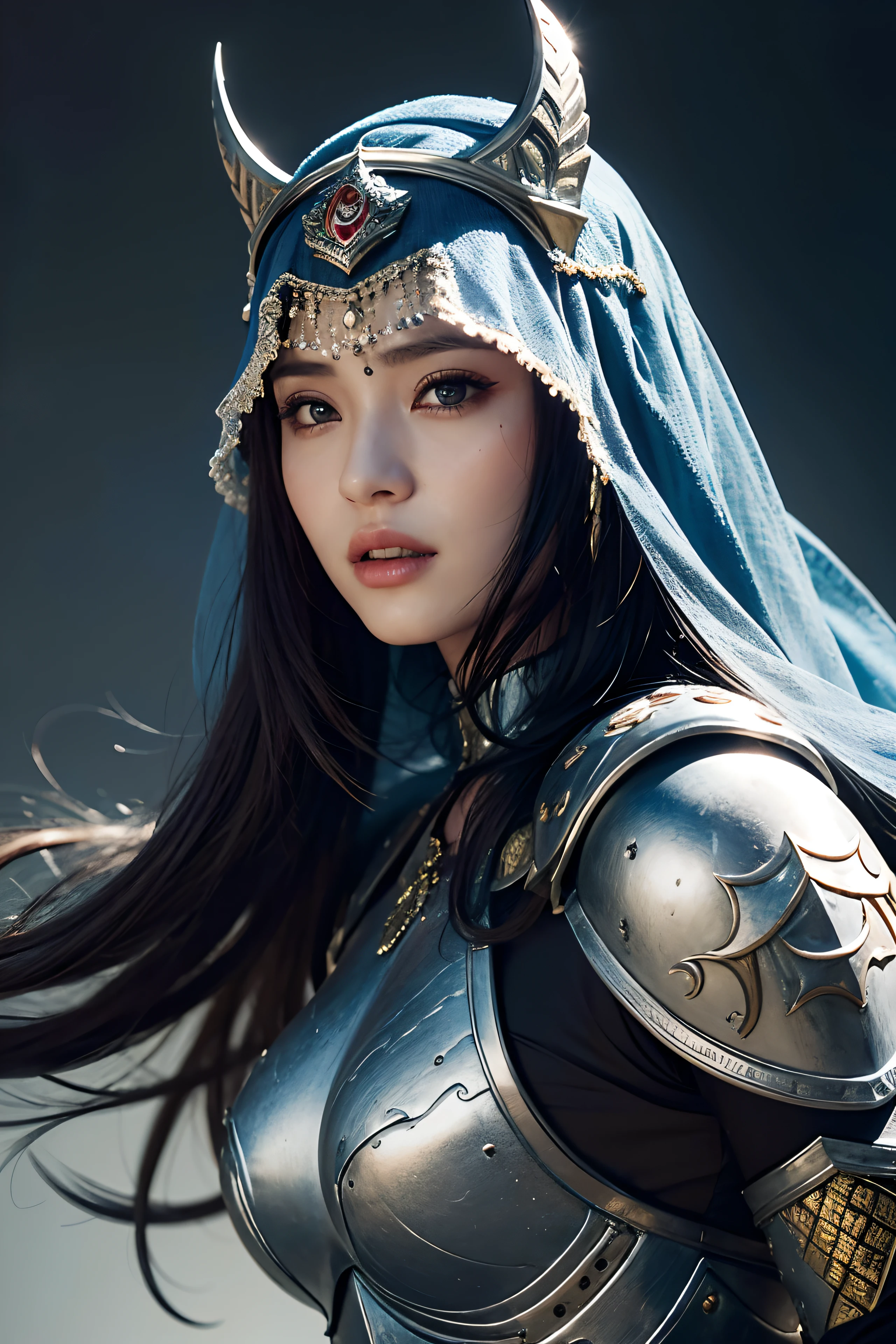 model shoot, (1 woman 30 years old), Islamic warrior, hyper realistic, super detailed, Dynamic shot, masterpiece, scene sharp détails, perfect eyes, perfect skin, perfect hands, fierce leader, battle field, headpiece