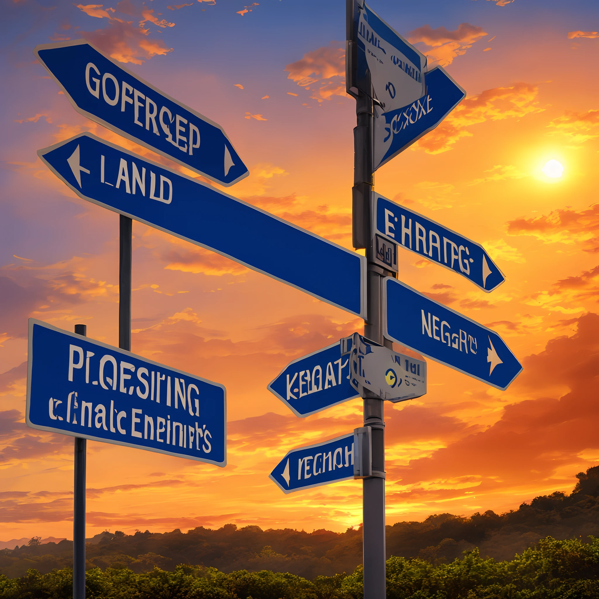 Generate a photorealistic image of a crossroad sign pointing towards different entrepreneurial paths with a sunrise in the background symbolizing new beginnings