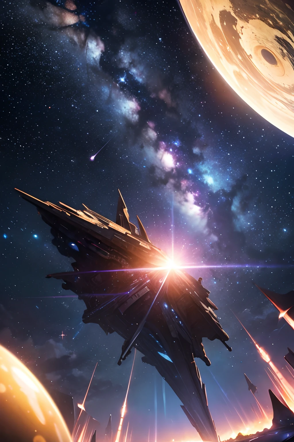 masterpiece、Background with((Fantastic starry sky、kosmos、Meteor swarm、black hole、Irridescent color))depth((Planets issuing white))、Seen from below