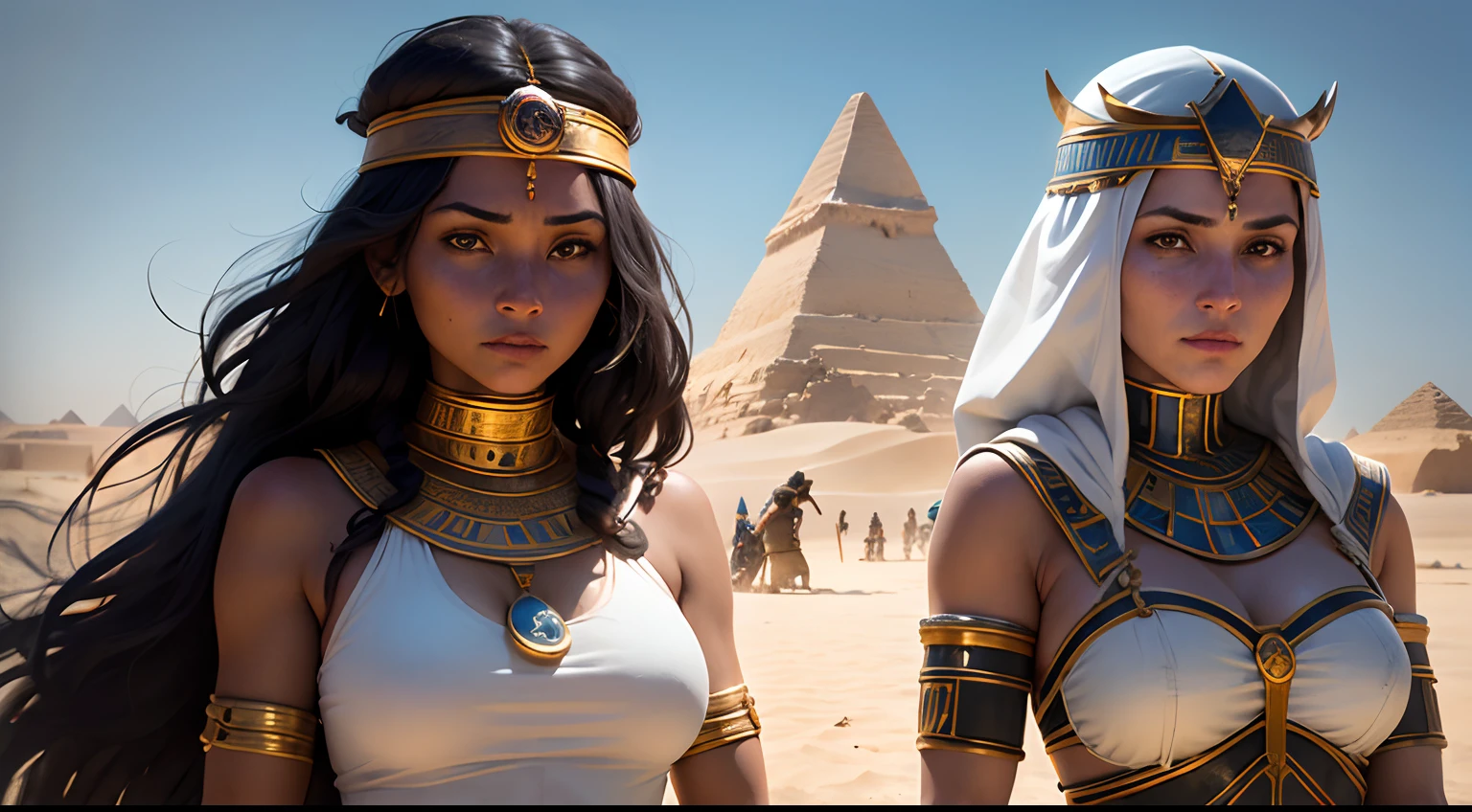 Create an image that represents the courage and determination of the two women, Shifra and Puah in ancient Egypt ((com roupas Egito antigo)). Na cena, Shifra and Puah are portrayed as strong and dedicated women, Assisting in the birth of babies amidst the scorching sun of the Egyptian desert. Ao fundo, highlight for the majestic pyramids of Egypt, that represent the historical context of the narrative. The image should convey the resilience and courage of the parties in facing challenges and maintaining hope in a challenging environment."