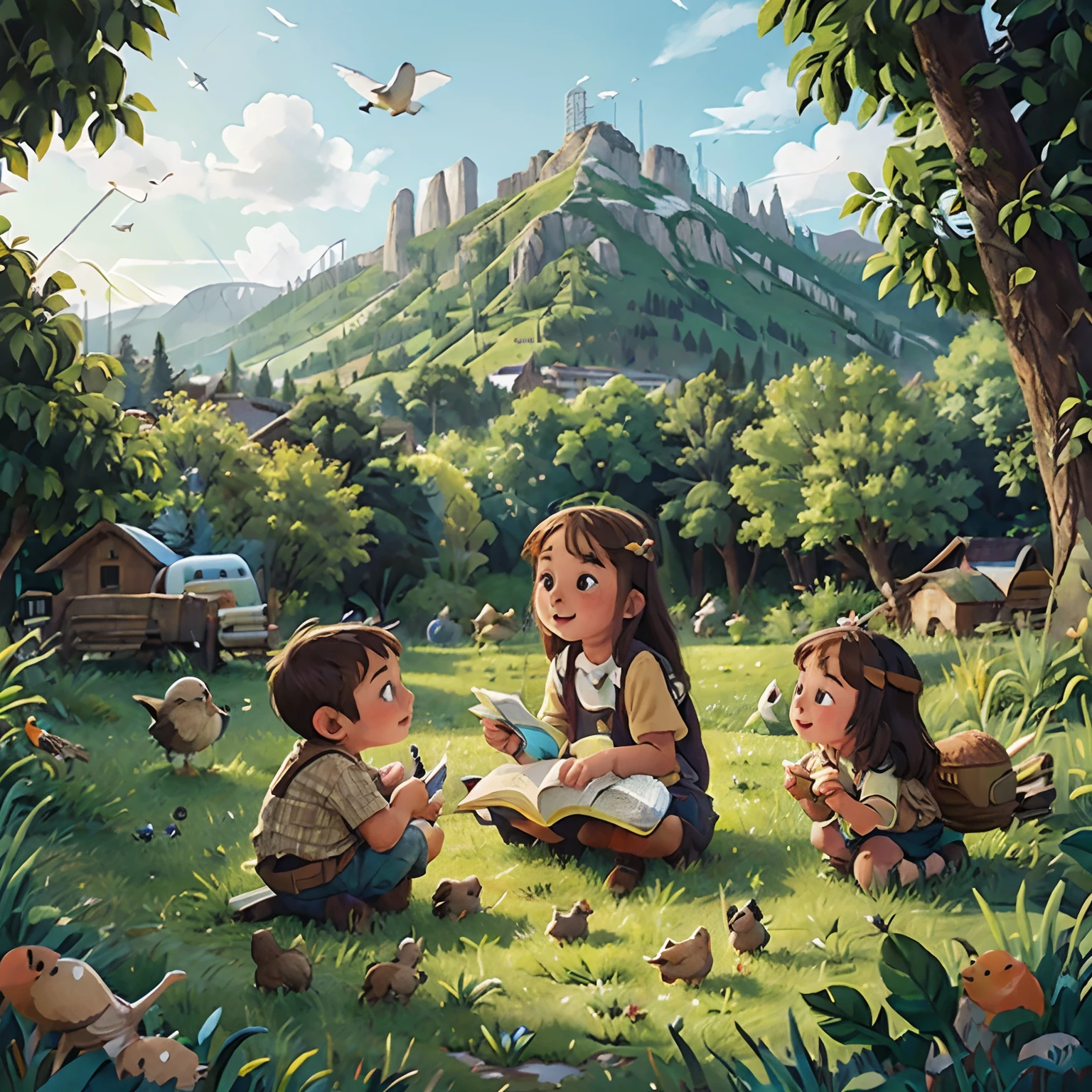 Country side, childrens, birds. rivers, mountain. Book illustration