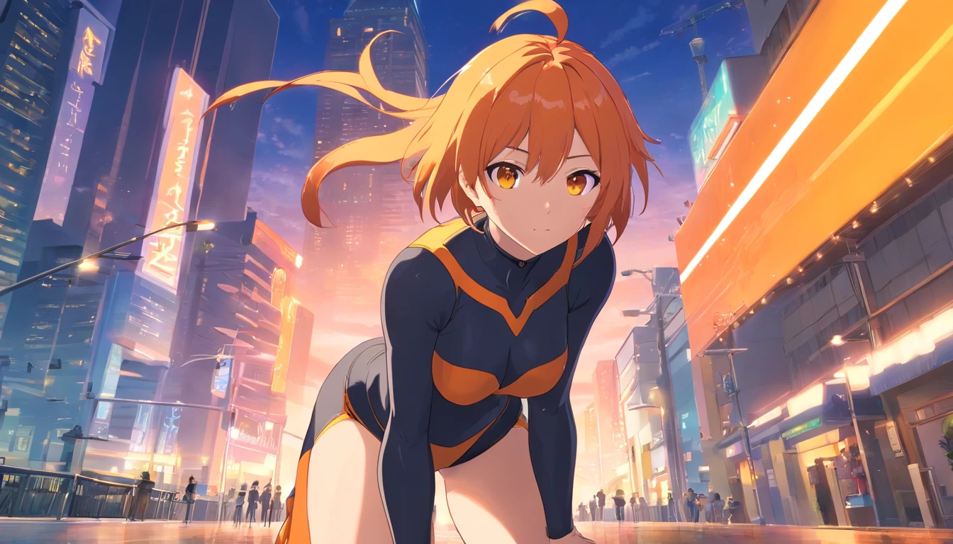 masterpiece、top-quality、1 female、Orange hair、huge tit、Big ass、black rubber suit、yellow eyes、thick thighs、a short bob、wide hips、Thigh muscles、(Spark:0.7)