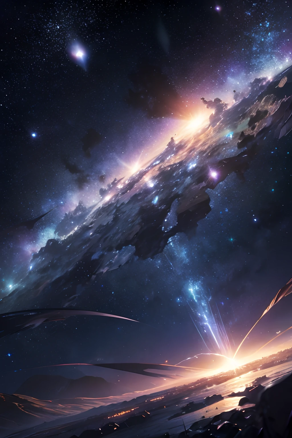 ​masterpiece、Background with（（Fantastic starry sky、kosmos、Meteor swarm、black hole、Irridescent color））depth（（Planets issuing white））、Seen from below