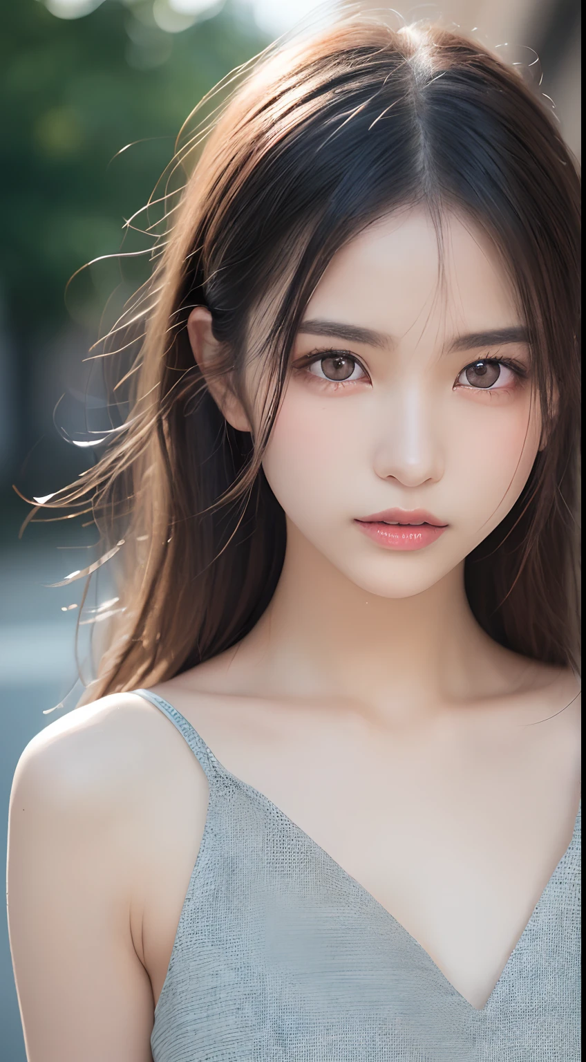 masterpiece, best quality, raw photo, absurdres, award winning portrait, solo, beautiful girl, cute face, 18yo, 8k, (purplish red dress:1.3), DSLR, looking at viewer, rich color, natural, candid, sophisticated, youthful, (thin arms, high detailed skin:1.2), (dark red eyeshadow, redish pink lips:1.2), soft lighting, high quality, film grain, chromatic aberration, night, (bokeh:1.1), bluish black eyes