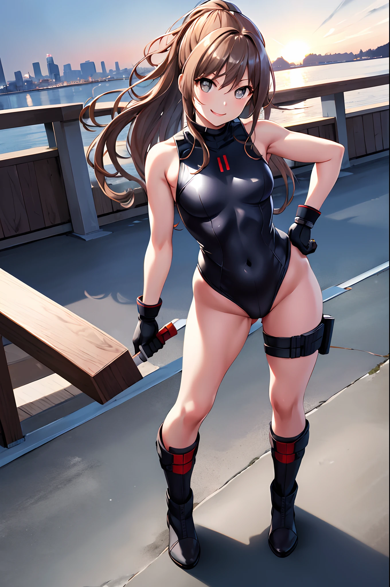 masterpiece, best quality, highres, aalisa, long hair, ponytail, grey eyes, masterpiece, best quality, highres, 1girl, solo, superhero, leotard, bare legs, boots, matching boots, sleeveless, gloves, matching gloves, looking at viewer, city backdrop, black leotard, standing, hands on hip, full body shot, smile, glowing body