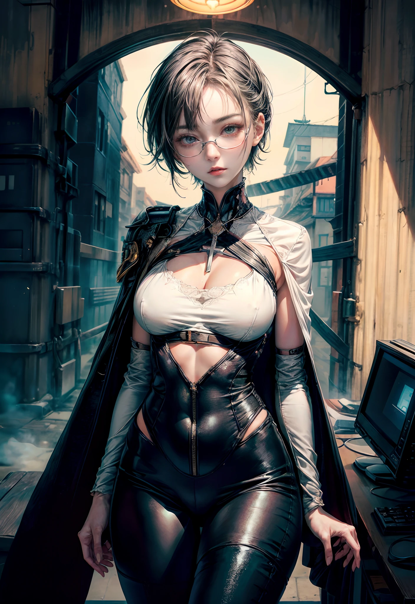 Cinematic lighting,super detailed skin、Beautiful detailed eyes、Best Quality,cyberpunked,(Alternative、dim colors, Soothing tones、Perfect Anatomy:1.3),NSFW(1beautiful woman、Detailed beautiful facial features:1.3)（black hair shorthair、eye glass:1.5）(well-shaped breasts、White shirt、Black Satin Suit Slacks:1.2).（Neck exposure:1.8）（Cross your arms over your chest:1.4）In front of the gate of the office、natta。jpn
